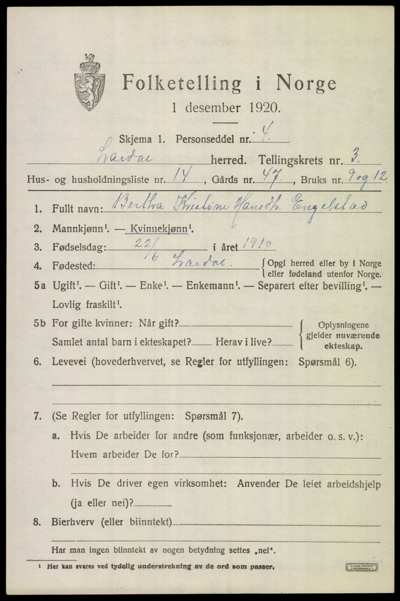 SAKO, 1920 census for Lardal, 1920, p. 2645