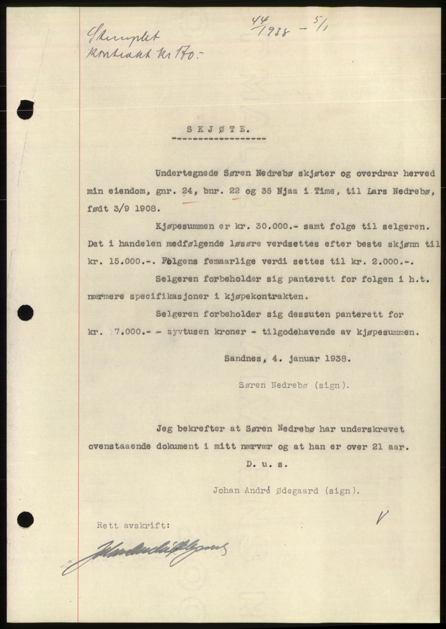 Jæren sorenskriveri, SAST/A-100310/03/G/Gba/L0070: Mortgage book, 1938-1938, Diary no: : 44/1938