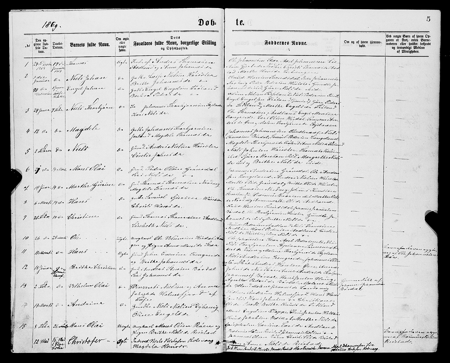 Samnanger Sokneprestembete, SAB/A-77501/H/Hab: Parish register (copy) no. A 1, 1869-1878, p. 5