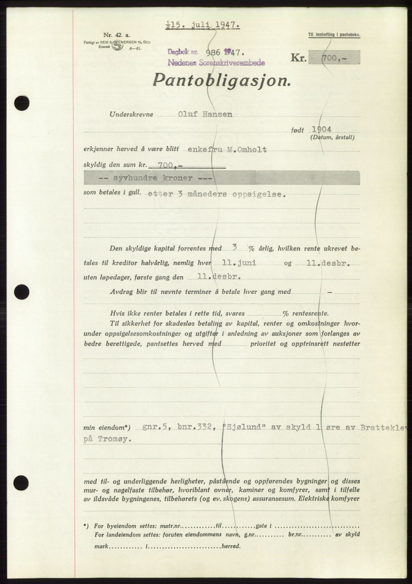 Nedenes sorenskriveri, AV/SAK-1221-0006/G/Gb/Gbb/L0004: Mortgage book no. B4, 1947-1947, Diary no: : 986/1947