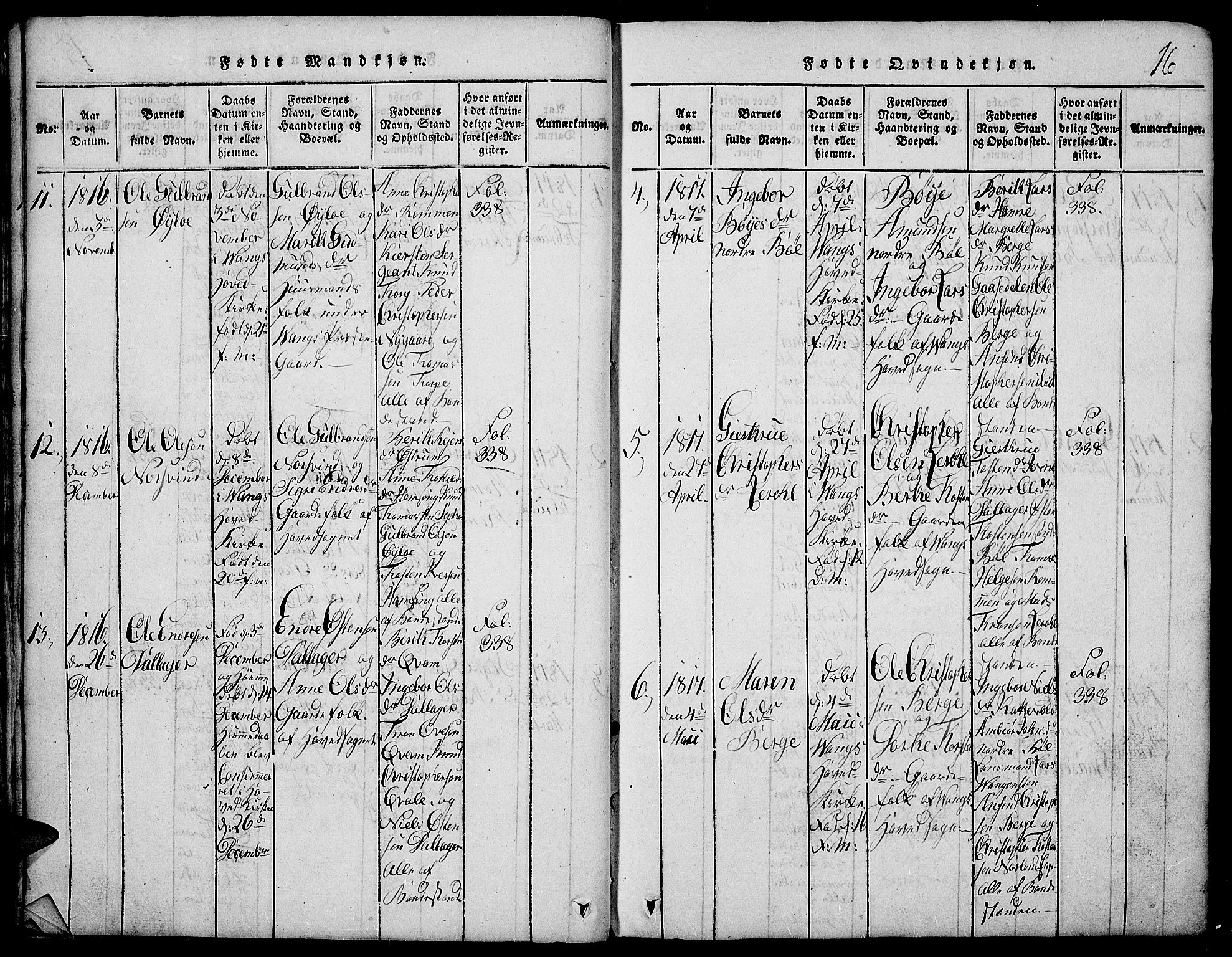 Vang prestekontor, Valdres, SAH/PREST-140/H/Hb/L0002: Parish register (copy) no. 2, 1814-1889, p. 16