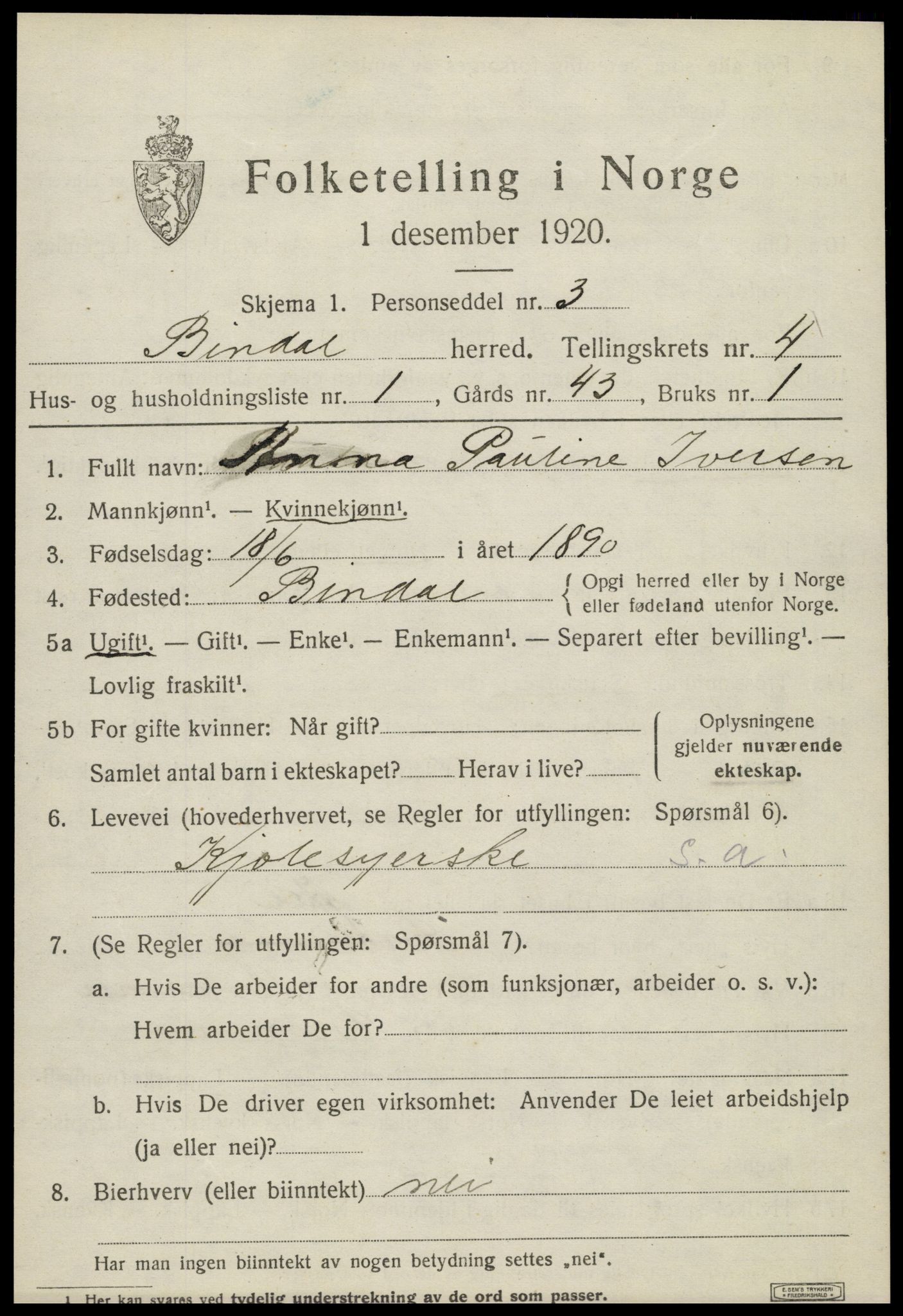 SAT, 1920 census for Bindal, 1920, p. 3315