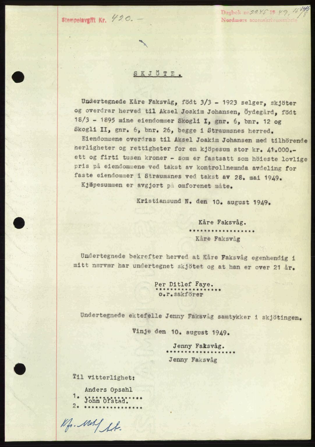 Nordmøre sorenskriveri, AV/SAT-A-4132/1/2/2Ca: Mortgage book no. A112, 1949-1949, Diary no: : 2245/1949