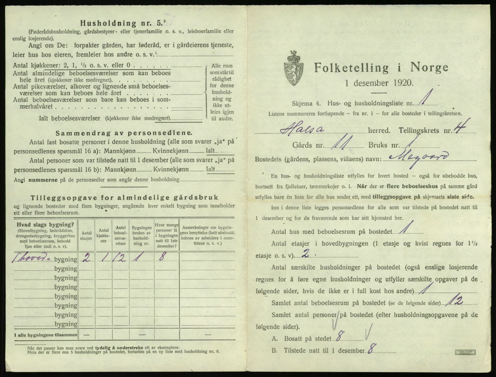 SAT, 1920 census for Halsa, 1920, p. 228