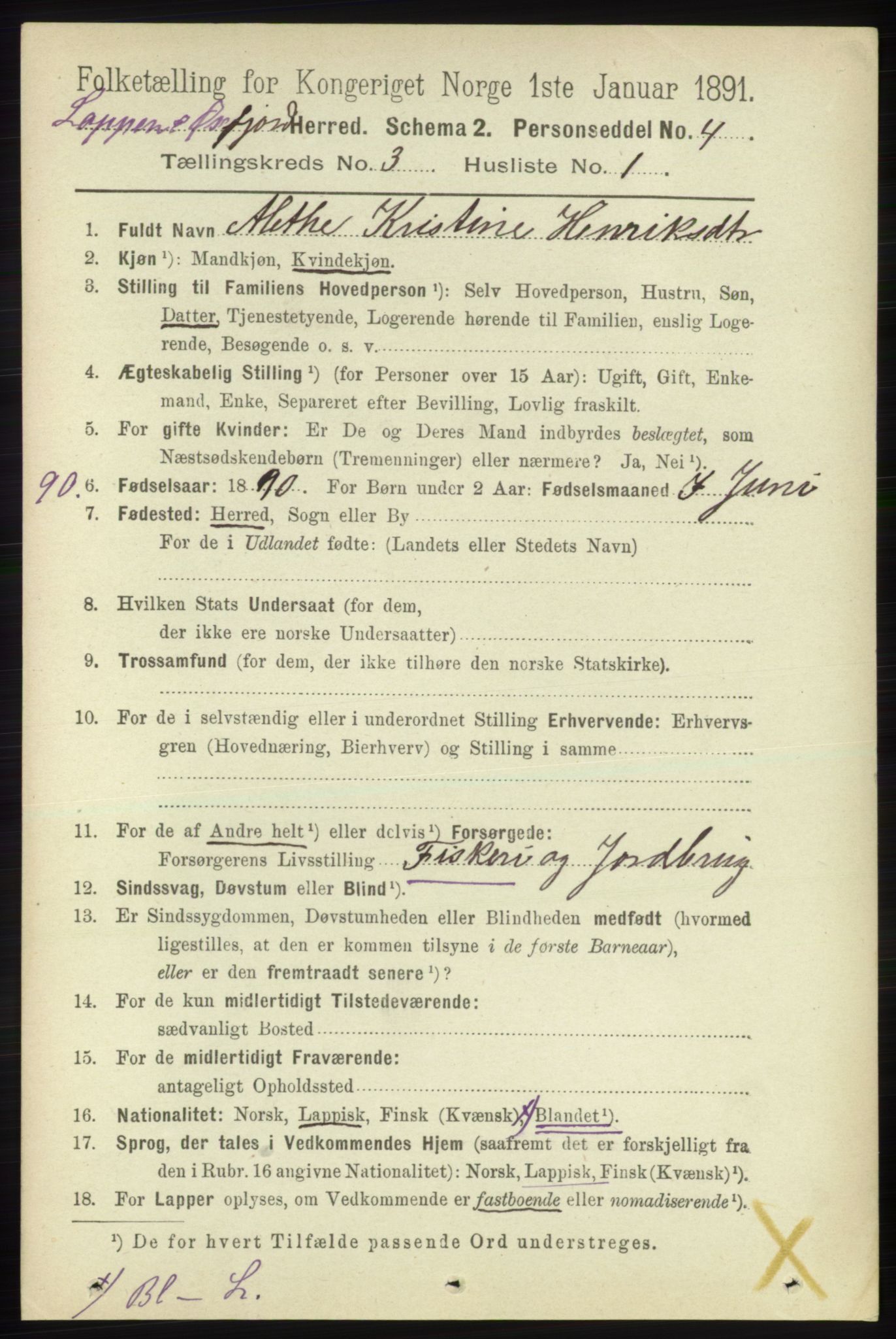 RA, 1891 census for 2014 Loppa, 1891, p. 677