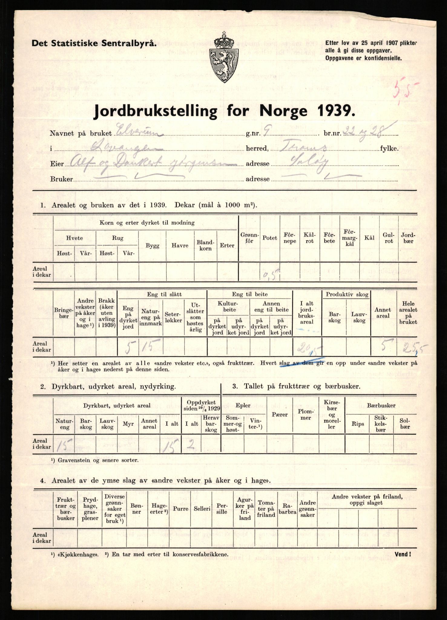 Statistisk sentralbyrå, Næringsøkonomiske emner, Jordbruk, skogbruk, jakt, fiske og fangst, AV/RA-S-2234/G/Gb/L0339: Troms: Andørja, Astafjord og Lavangen, 1939, p. 1024