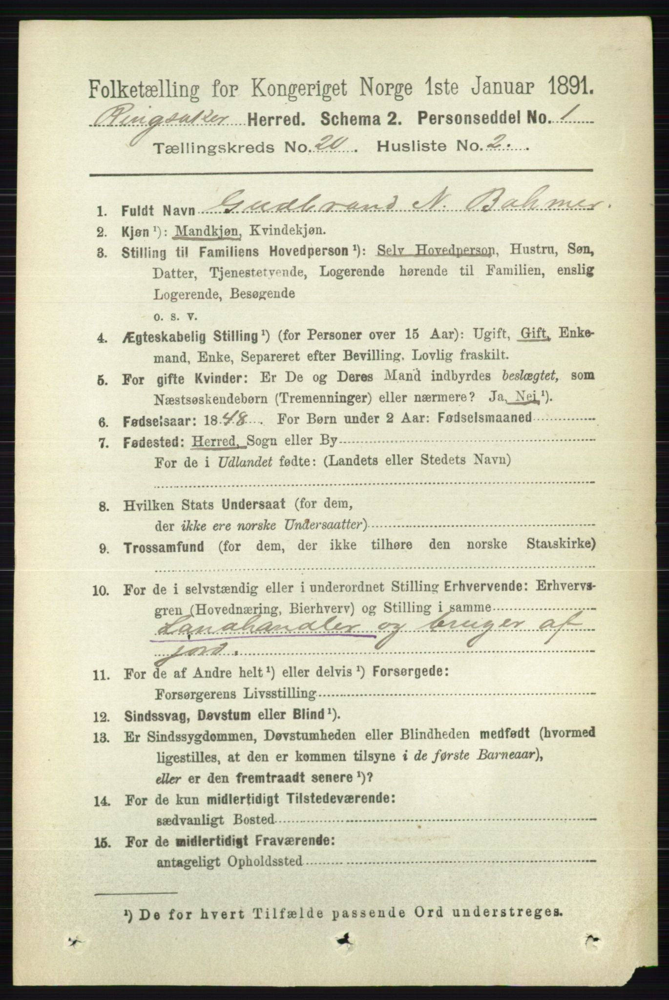 RA, 1891 census for 0412 Ringsaker, 1891, p. 11109