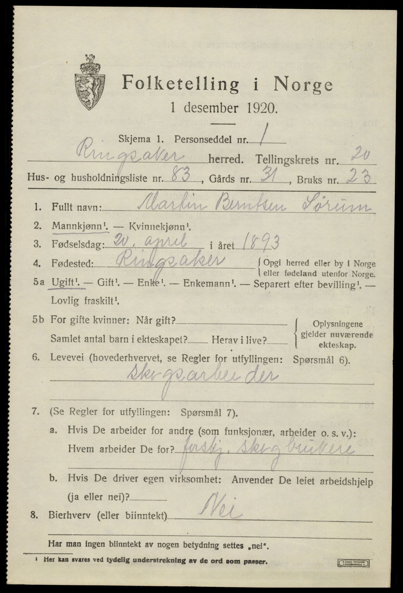 SAH, 1920 census for Ringsaker, 1920, p. 27858