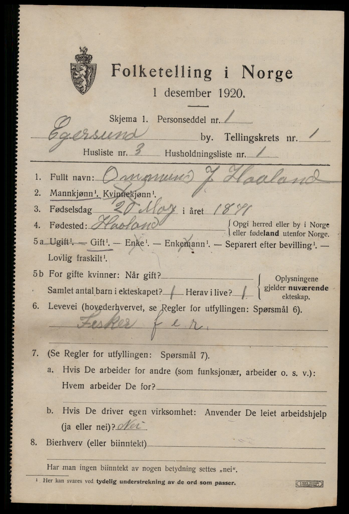 SAST, 1920 census for Egersund town, 1920, p. 2768