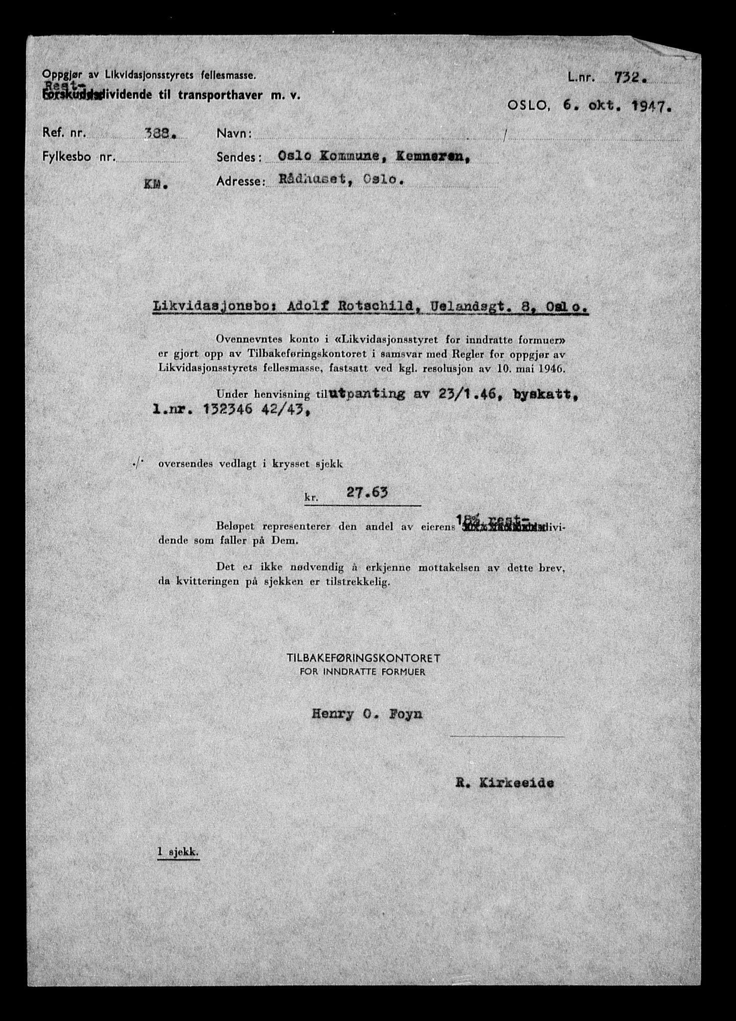 Justisdepartementet, Tilbakeføringskontoret for inndratte formuer, AV/RA-S-1564/H/Hc/Hcc/L0974: --, 1945-1947, p. 327