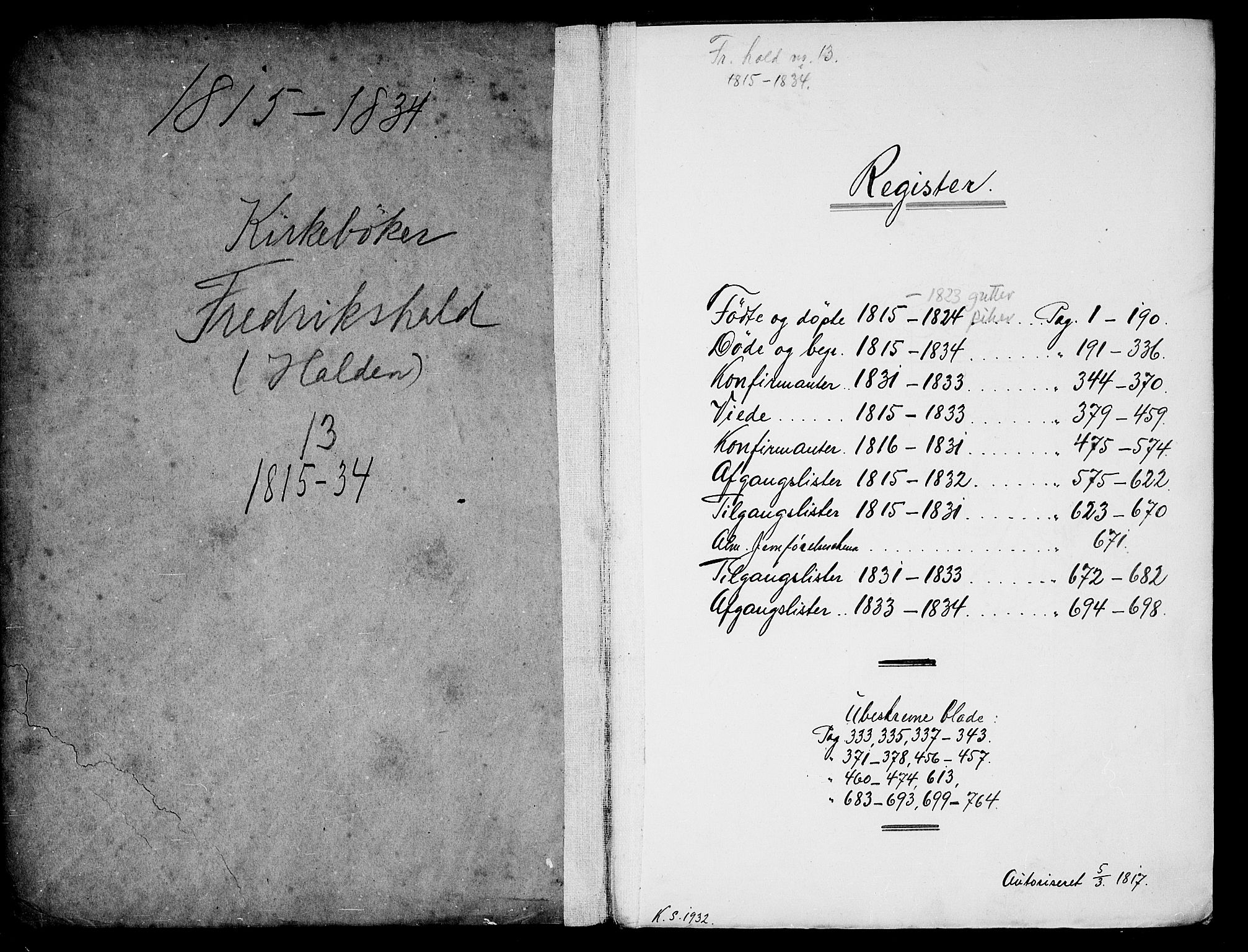 Halden prestekontor Kirkebøker, SAO/A-10909/F/Fa/L0003: Parish register (official) no. I 3, 1815-1834