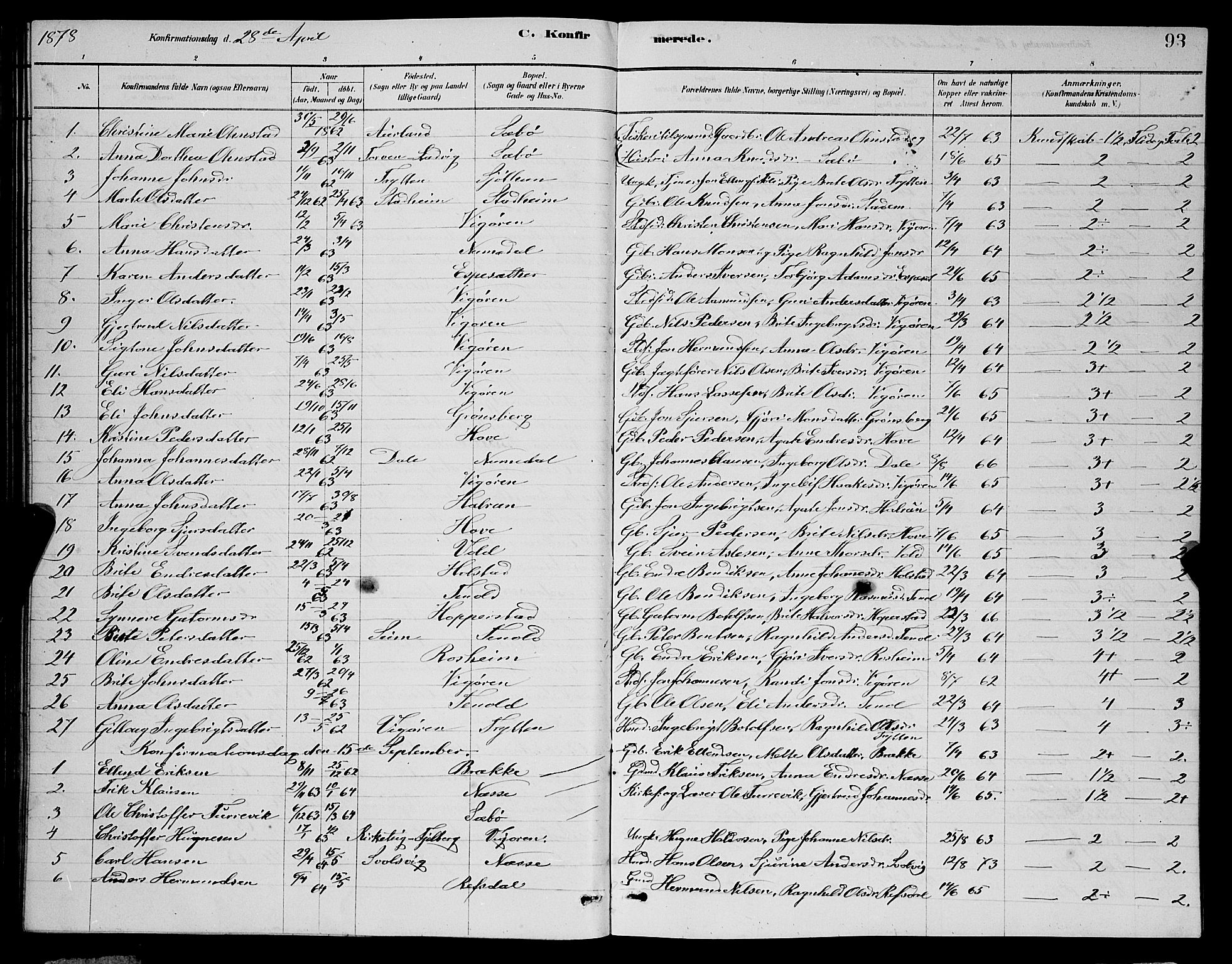 Vik sokneprestembete, AV/SAB-A-81501/H/Hab/Haba/L0003: Parish register (copy) no. A 3, 1878-1894, p. 93