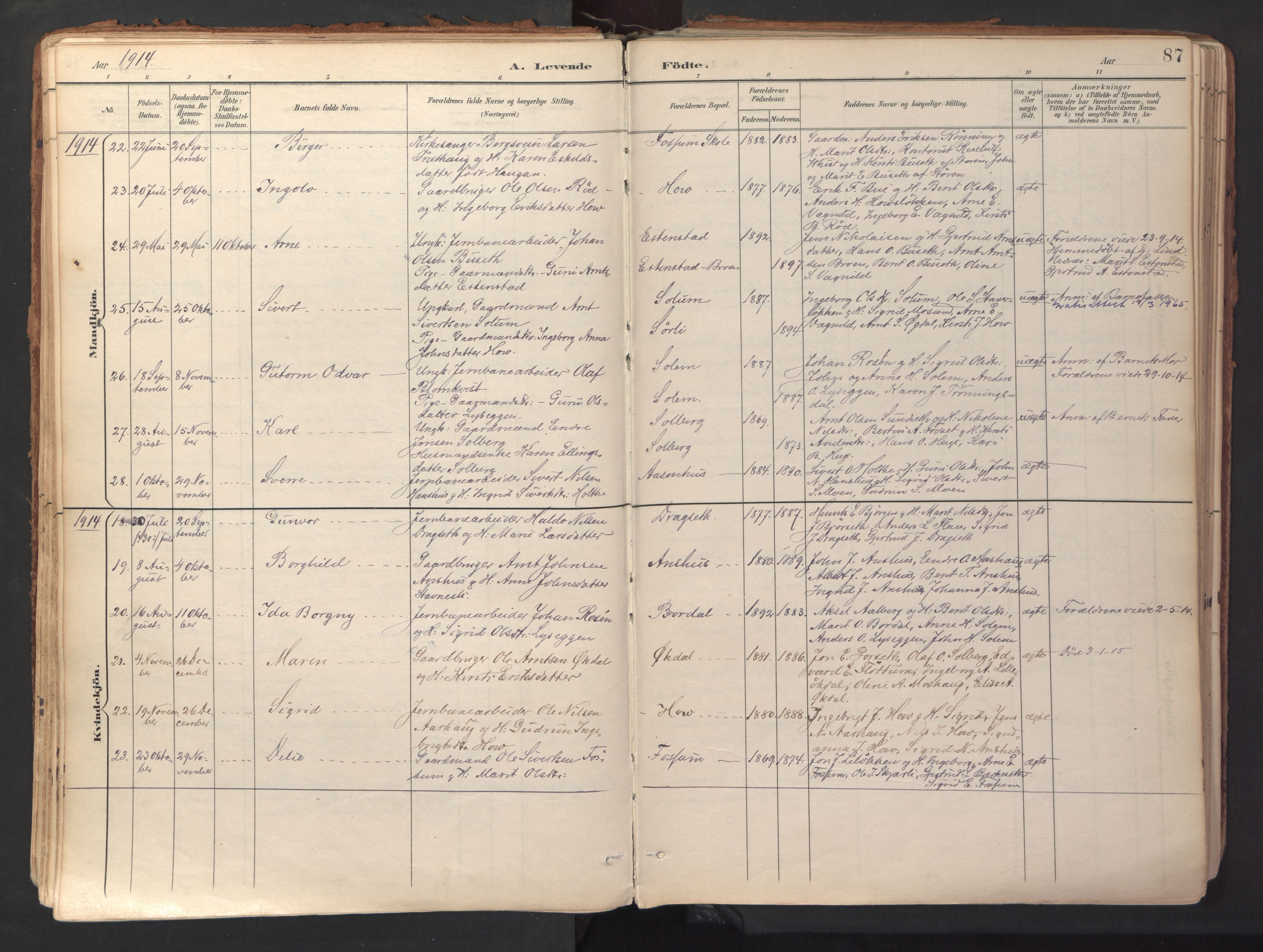 Ministerialprotokoller, klokkerbøker og fødselsregistre - Sør-Trøndelag, SAT/A-1456/689/L1041: Parish register (official) no. 689A06, 1891-1923, p. 87