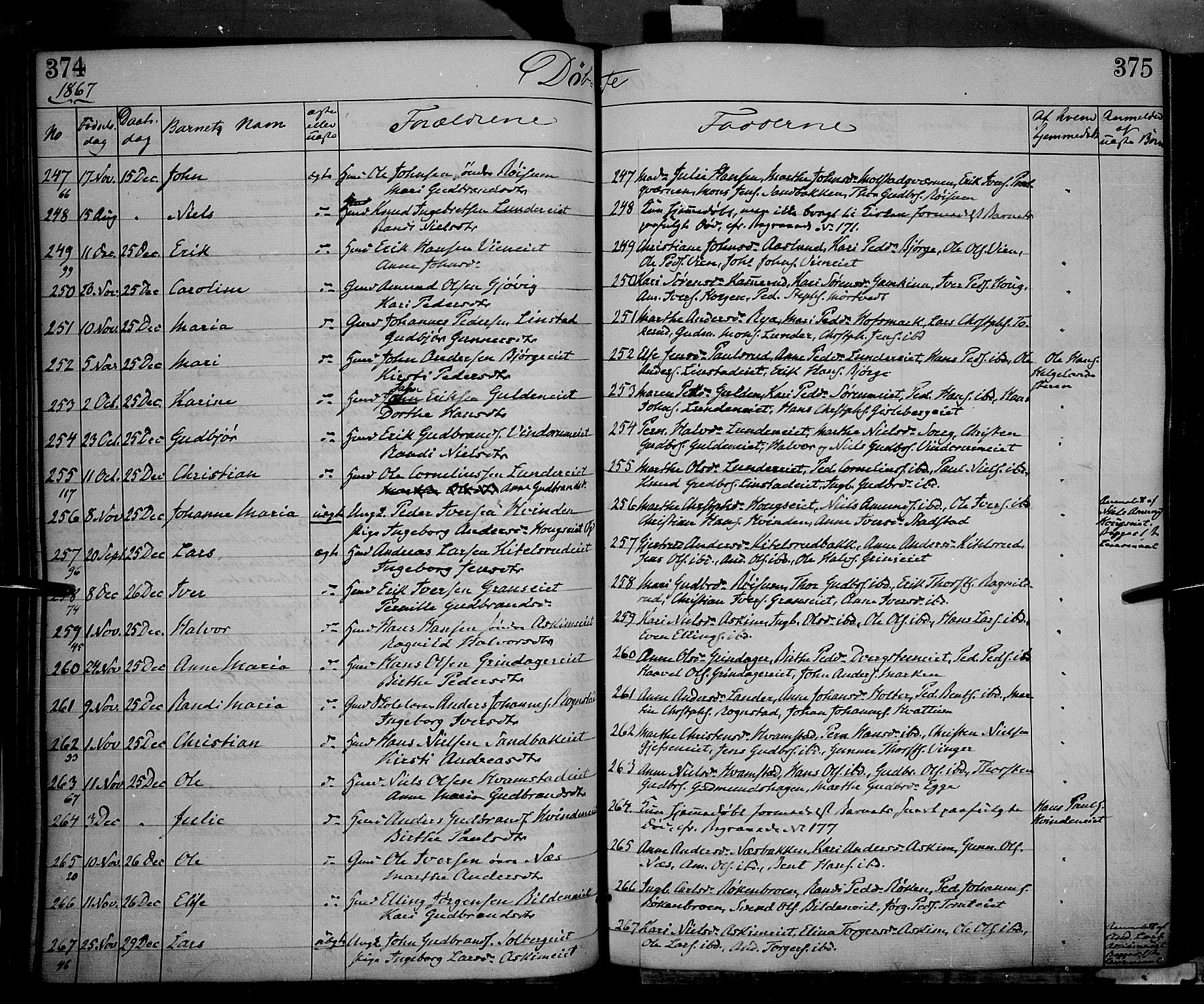 Gran prestekontor, AV/SAH-PREST-112/H/Ha/Haa/L0012: Parish register (official) no. 12, 1856-1874, p. 374-375