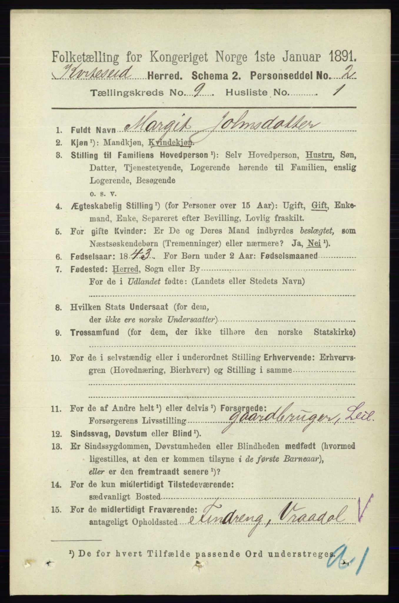 RA, 1891 census for 0829 Kviteseid, 1891, p. 1992