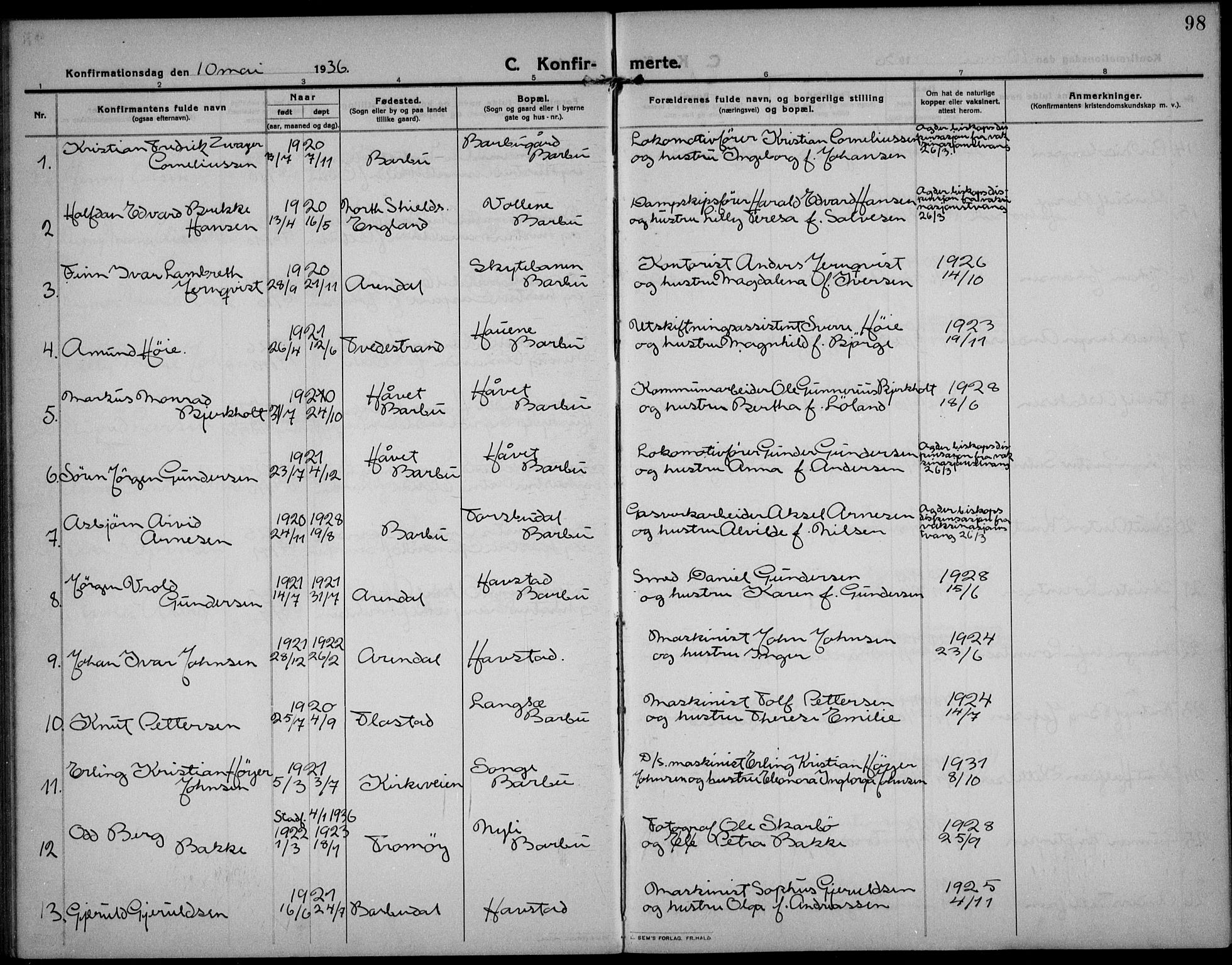 Barbu sokneprestkontor, AV/SAK-1111-0003/F/Fb/L0004: Parish register (copy) no. B 4, 1911-1936, p. 98