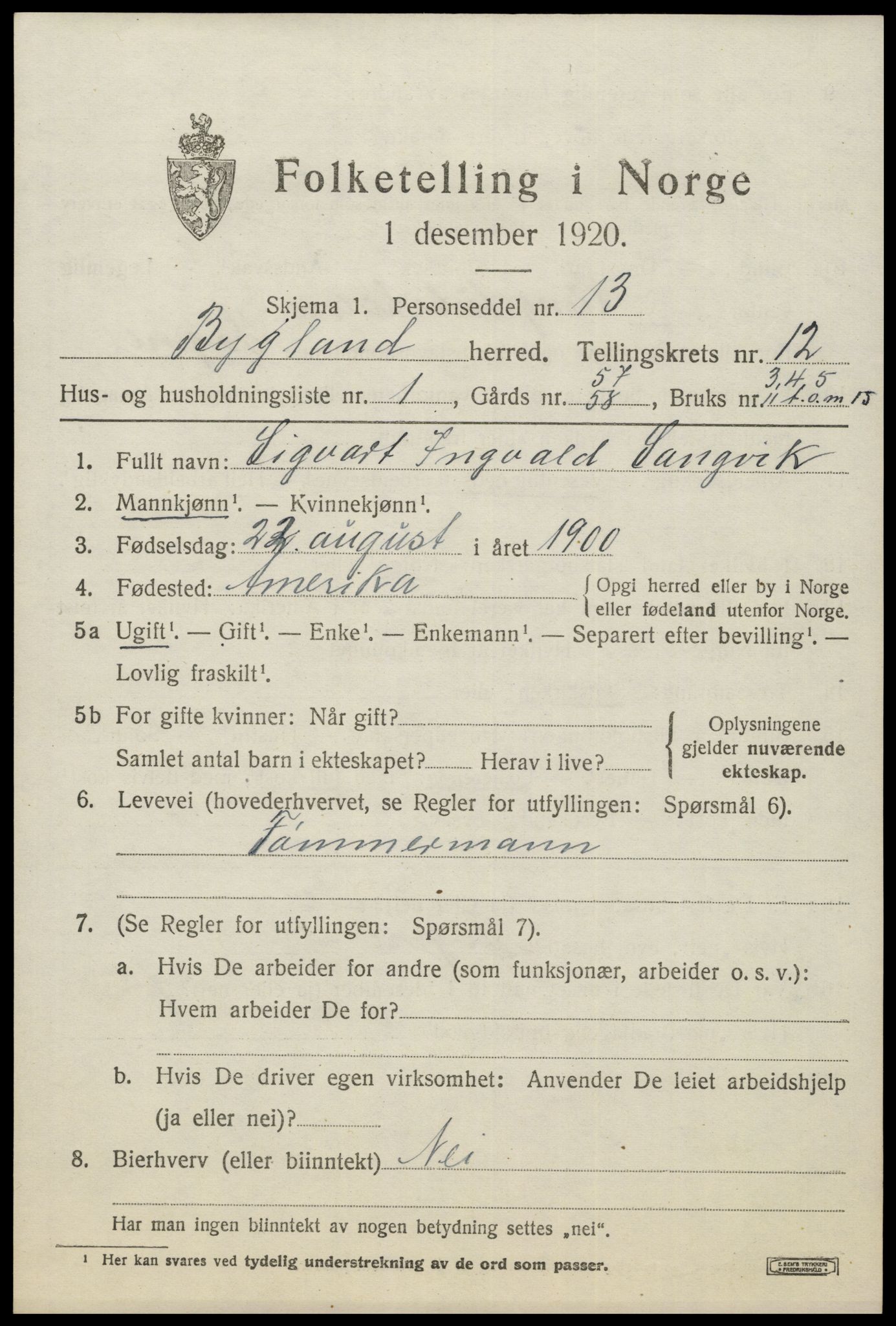 SAK, 1920 census for Bygland, 1920, p. 4485