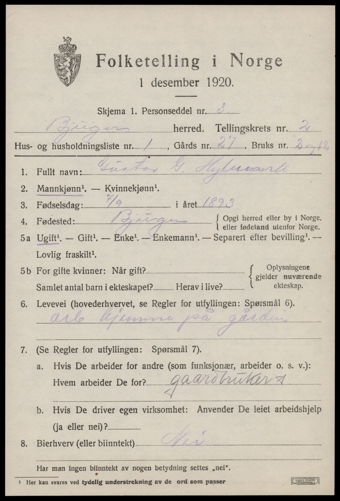 SAT, 1920 census for Bjugn, 1920, p. 1287