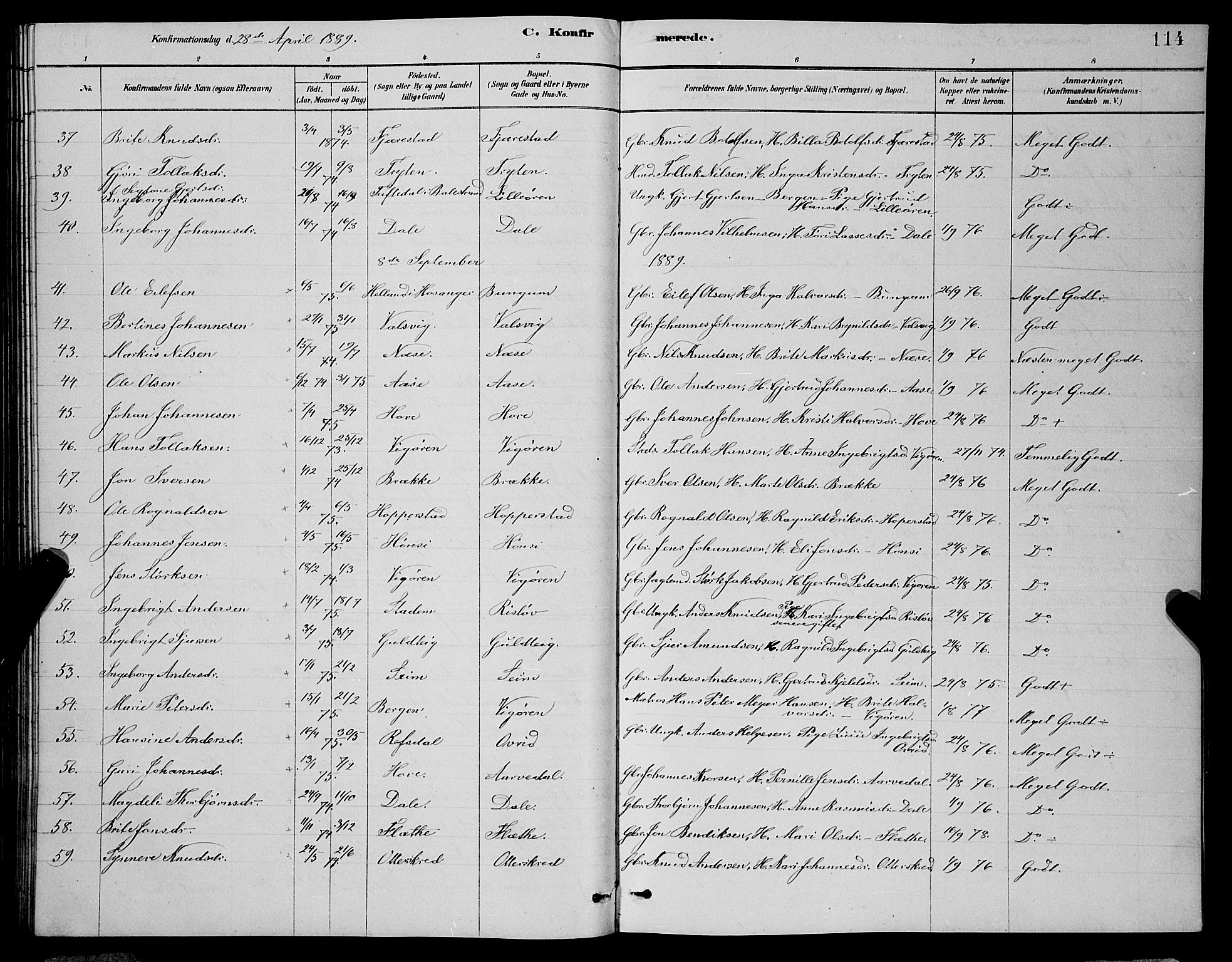 Vik sokneprestembete, AV/SAB-A-81501/H/Hab/Haba/L0003: Parish register (copy) no. A 3, 1878-1894, p. 114