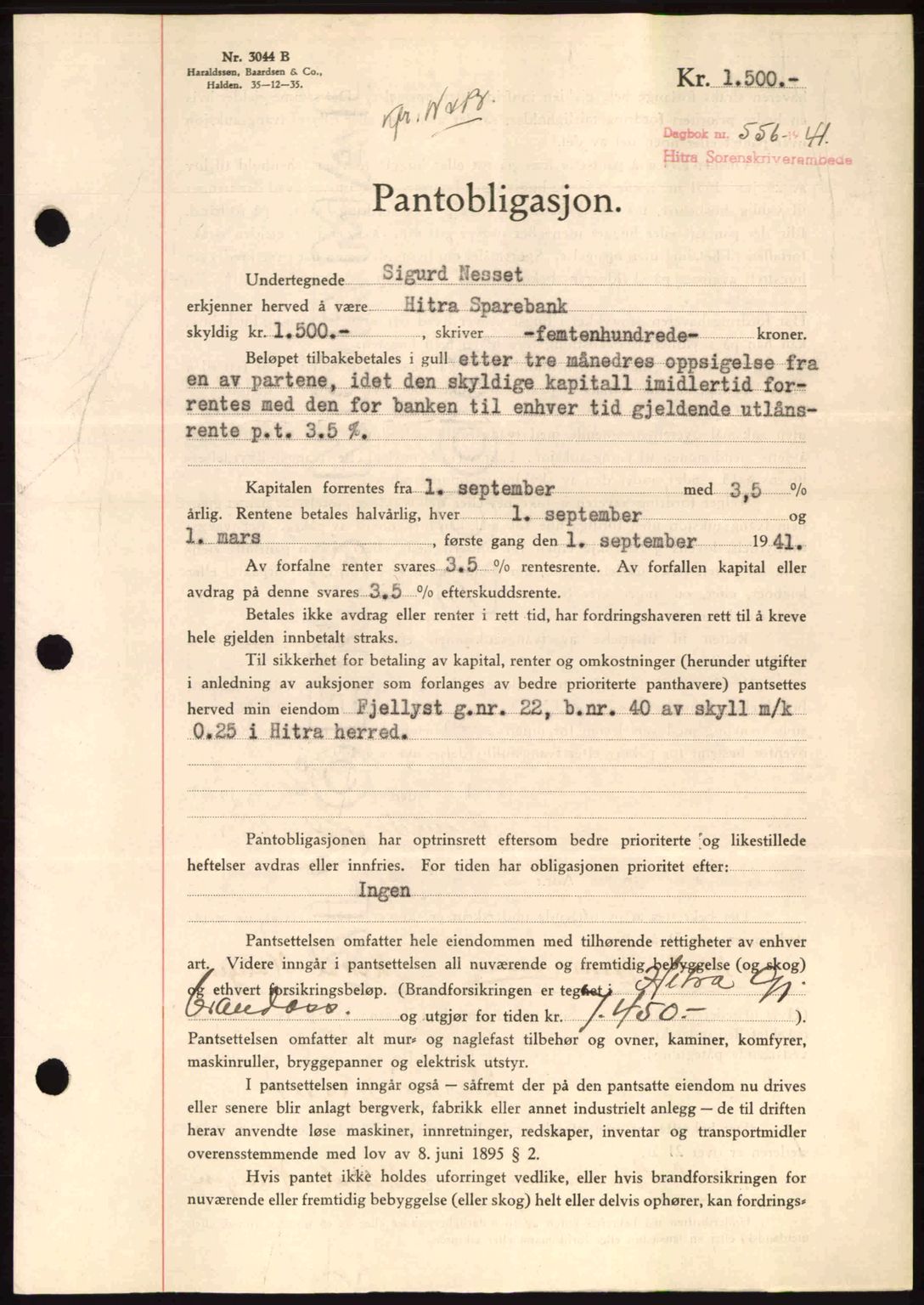 Hitra sorenskriveri, AV/SAT-A-0018/2/2C/2Ca: Mortgage book no. B1, 1939-1949, Diary no: : 556/1941