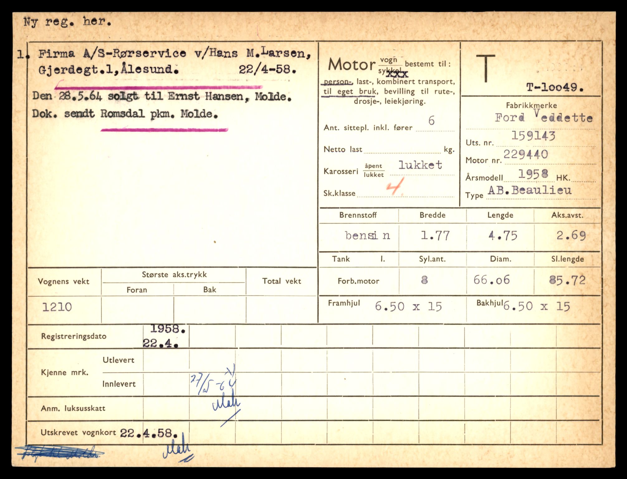Møre og Romsdal vegkontor - Ålesund trafikkstasjon, AV/SAT-A-4099/F/Fe/L0017: Registreringskort for kjøretøy T 1985 - T 10090, 1927-1998, p. 2199