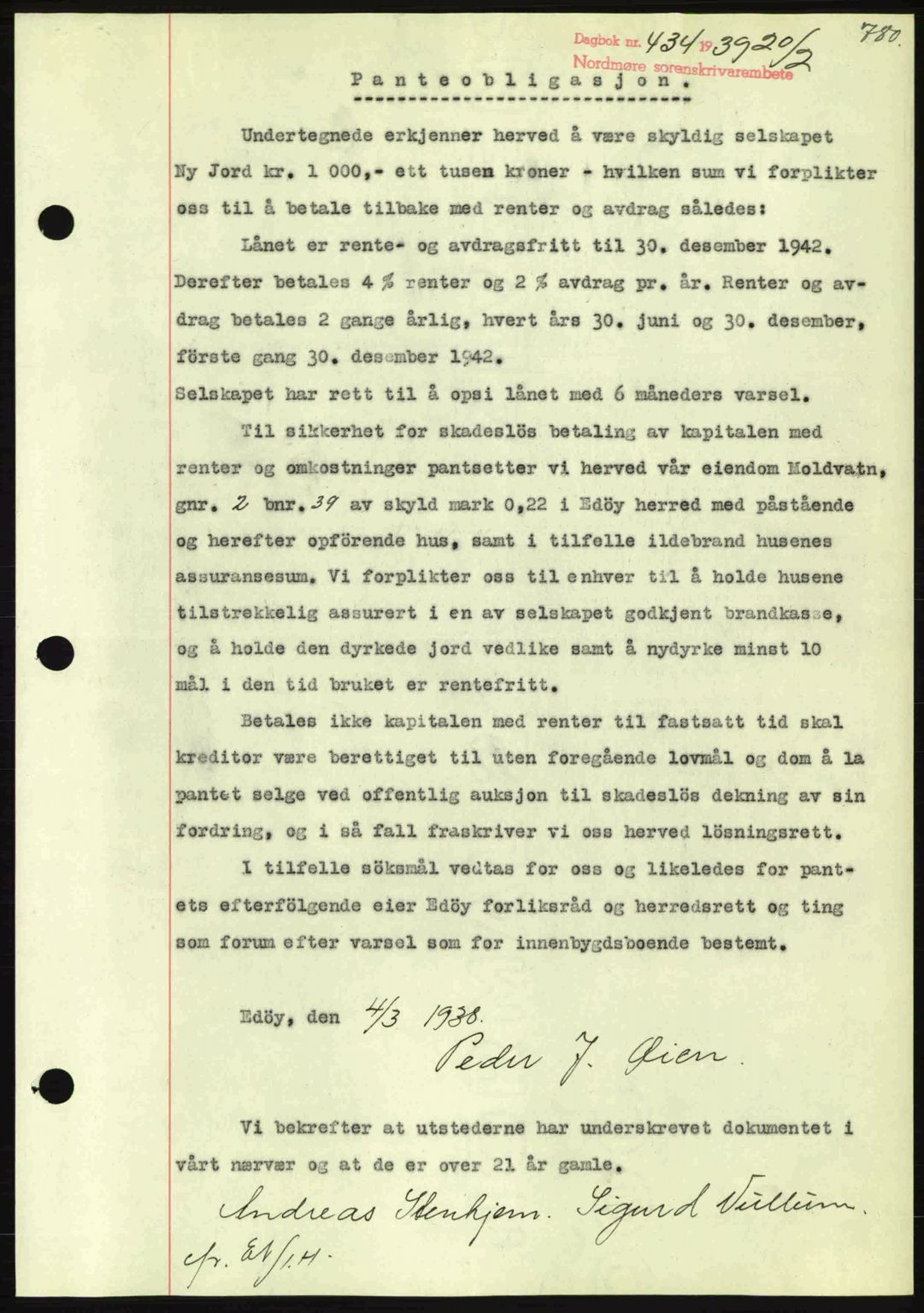 Nordmøre sorenskriveri, SAT/A-4132/1/2/2Ca: Mortgage book no. B84, 1938-1939, Diary no: : 434/1939