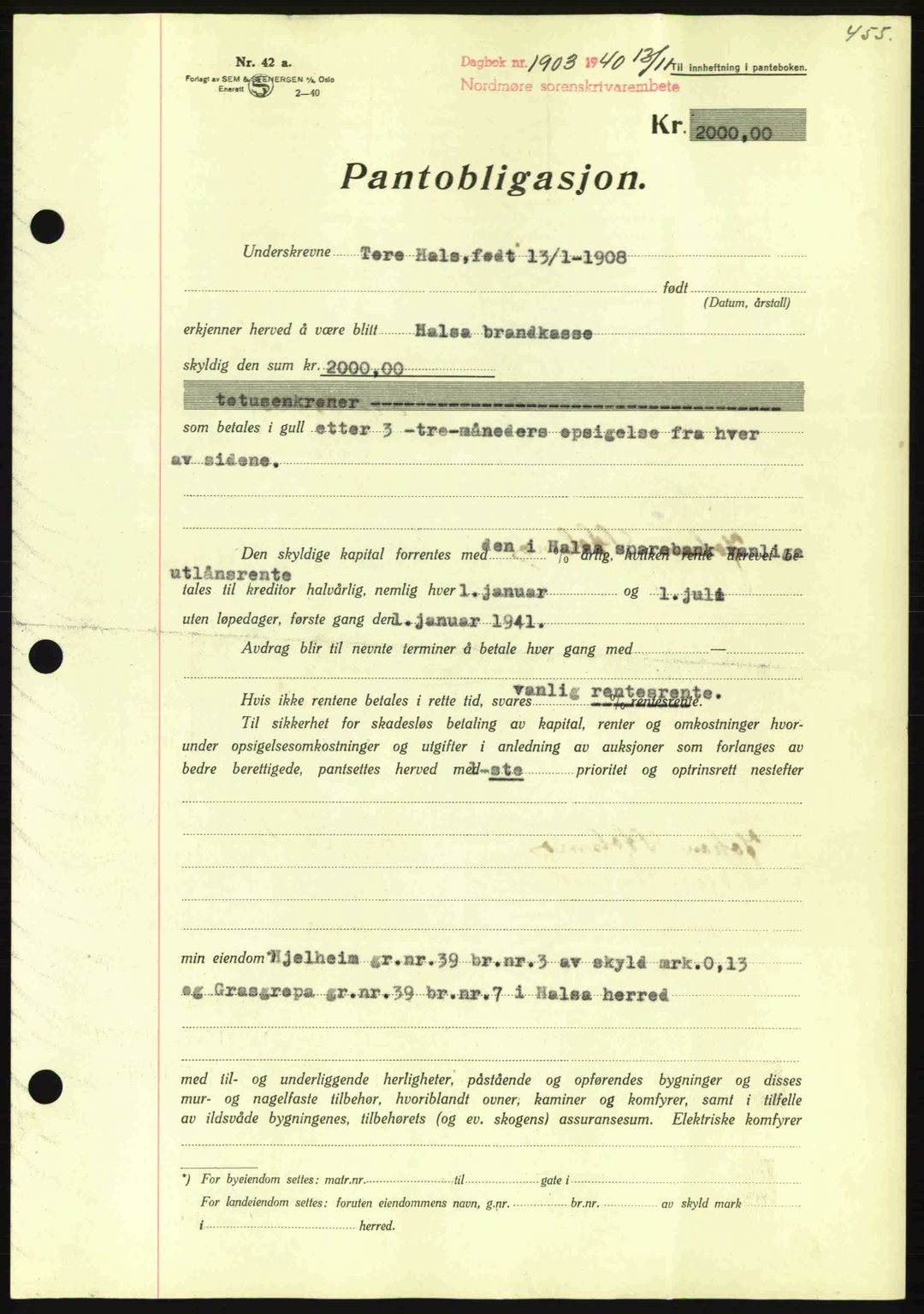 Nordmøre sorenskriveri, AV/SAT-A-4132/1/2/2Ca: Mortgage book no. B87, 1940-1941, Diary no: : 1903/1940