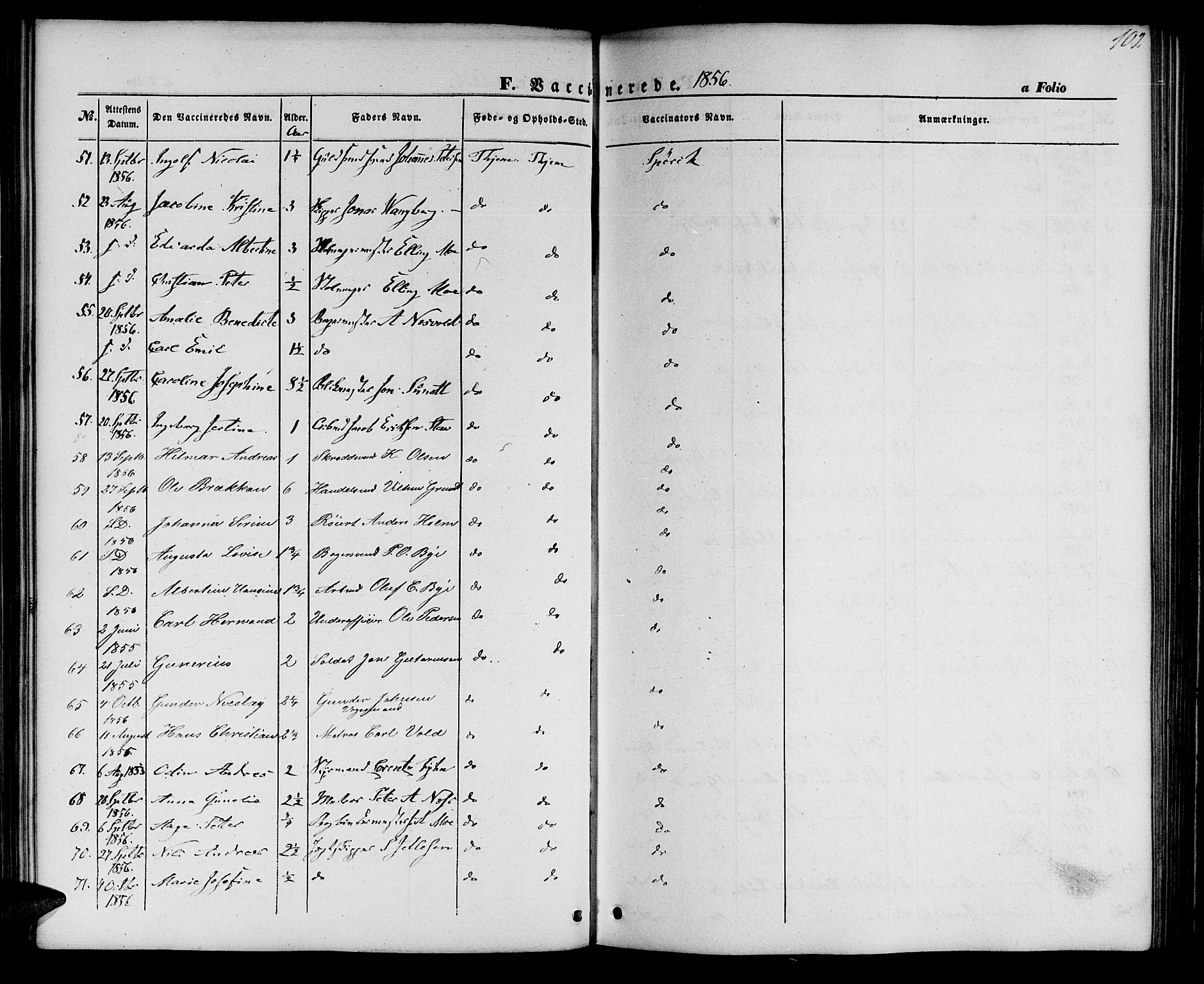 Ministerialprotokoller, klokkerbøker og fødselsregistre - Sør-Trøndelag, SAT/A-1456/602/L0113: Parish register (official) no. 602A11, 1849-1861, p. 102