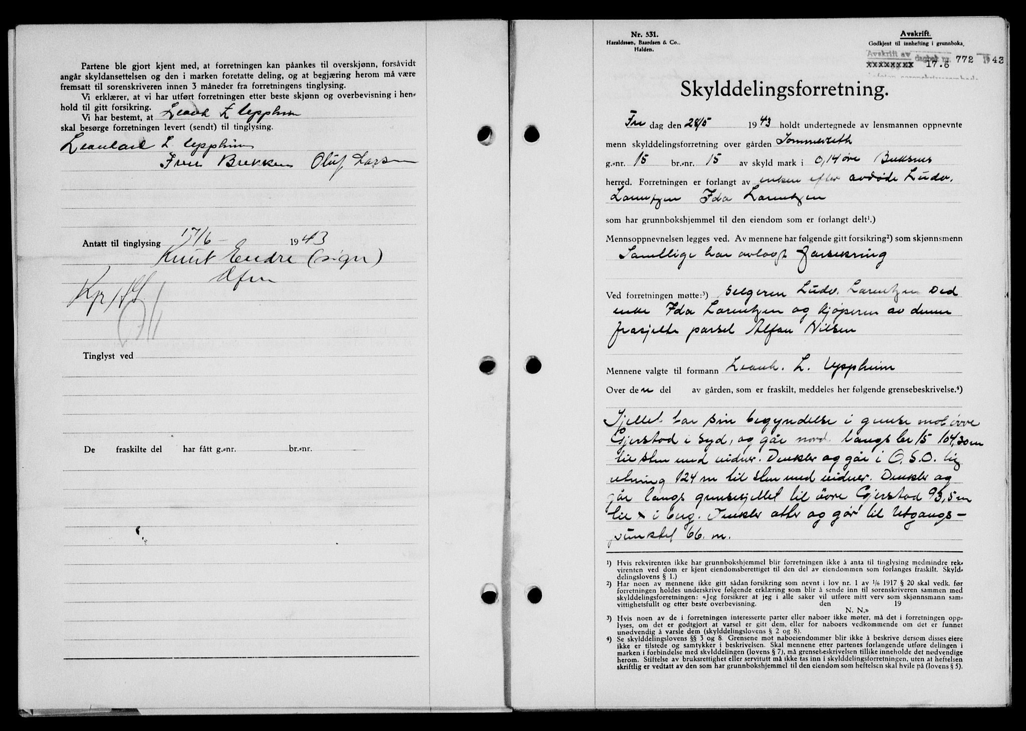 Lofoten sorenskriveri, SAT/A-0017/1/2/2C/L0011a: Mortgage book no. 11a, 1943-1943, Diary no: : 772/1943