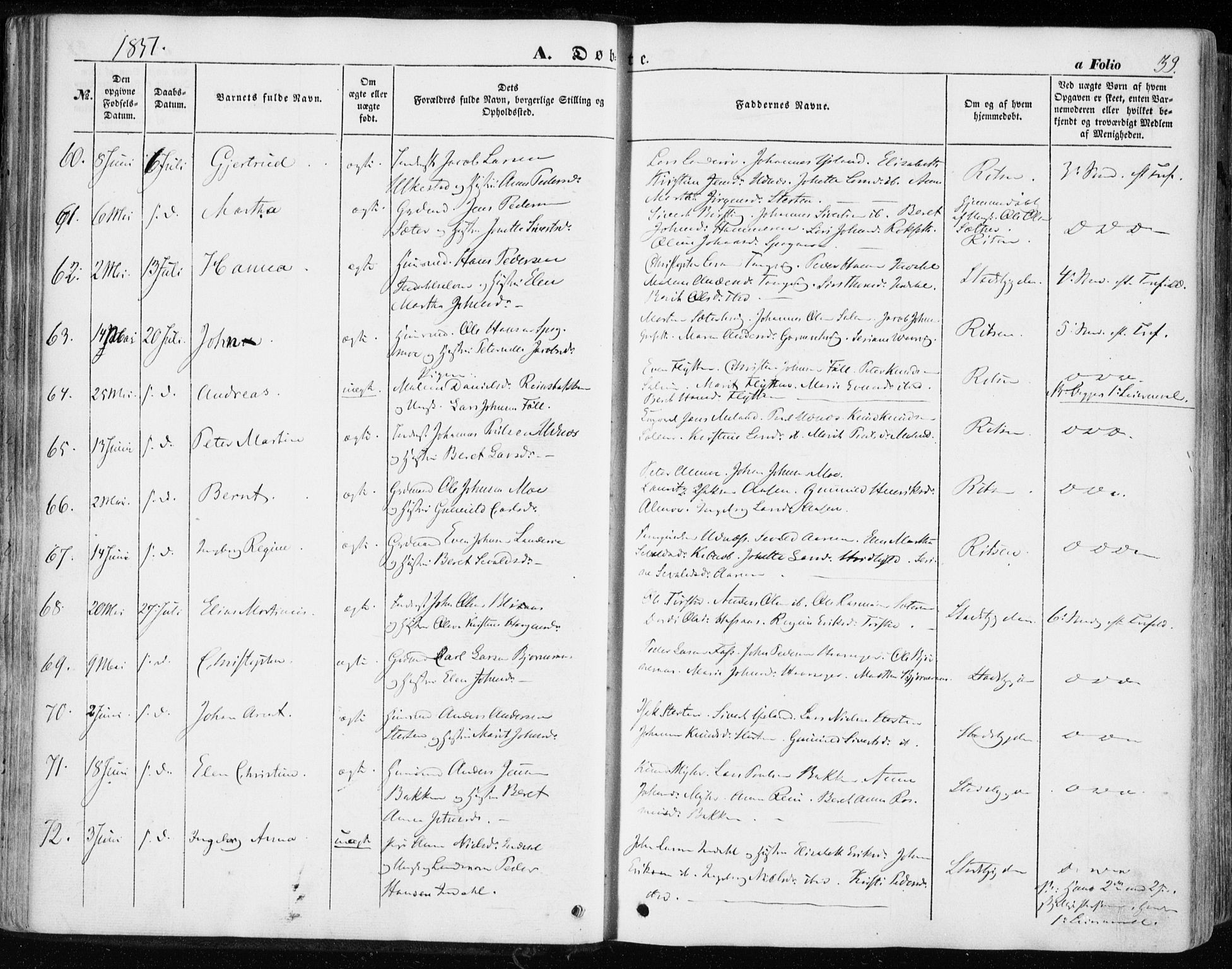 Ministerialprotokoller, klokkerbøker og fødselsregistre - Sør-Trøndelag, AV/SAT-A-1456/646/L0611: Parish register (official) no. 646A09, 1848-1857, p. 39