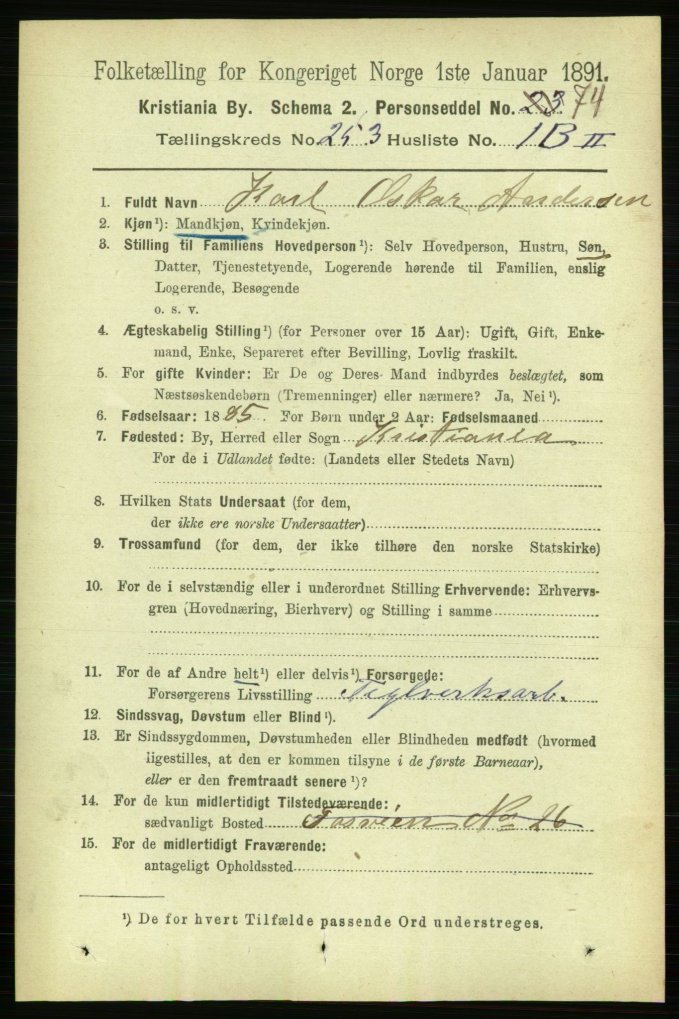 RA, 1891 census for 0301 Kristiania, 1891, p. 153847