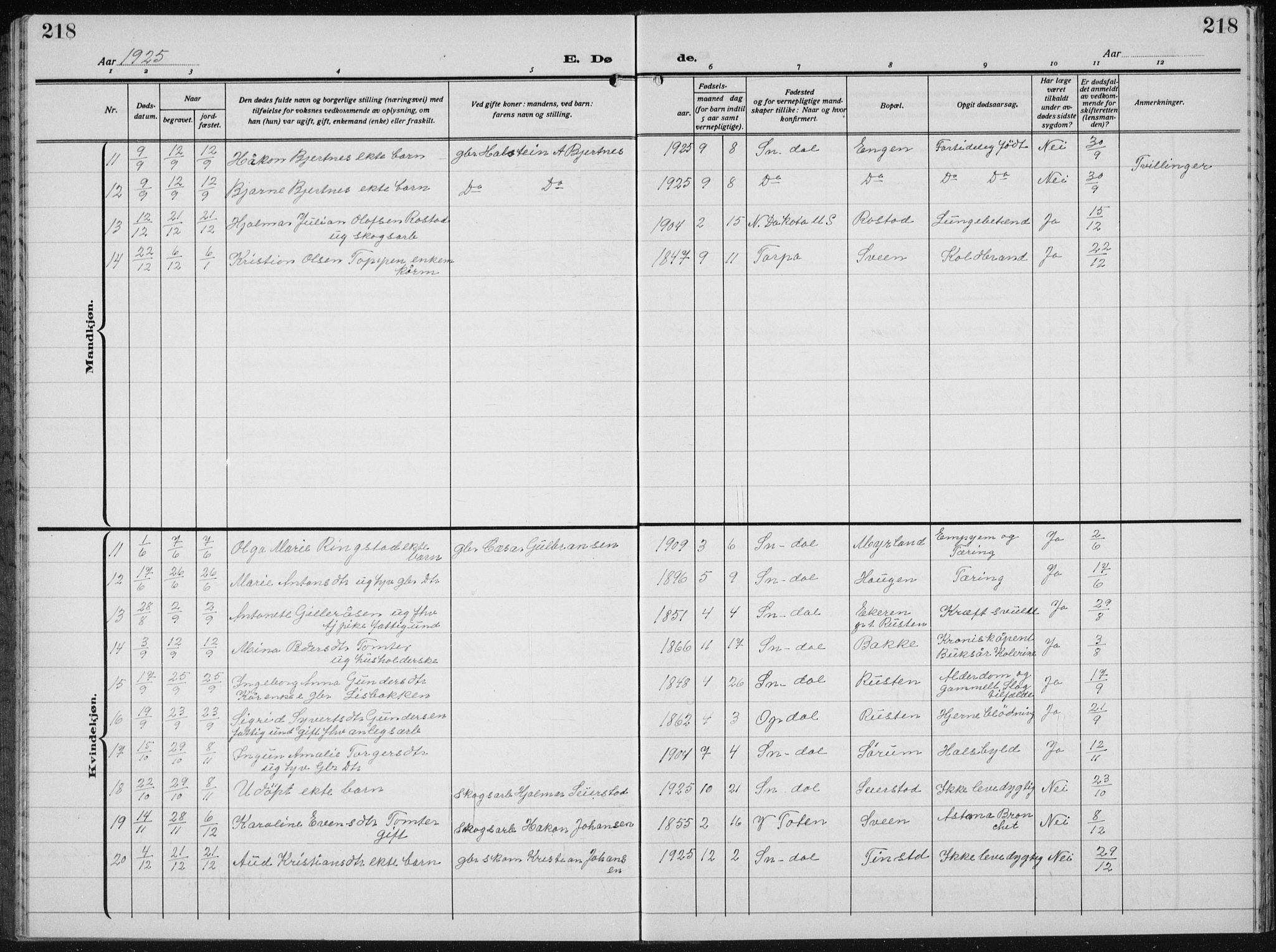 Biri prestekontor, AV/SAH-PREST-096/H/Ha/Hab/L0007: Parish register (copy) no. 7, 1919-1941, p. 218