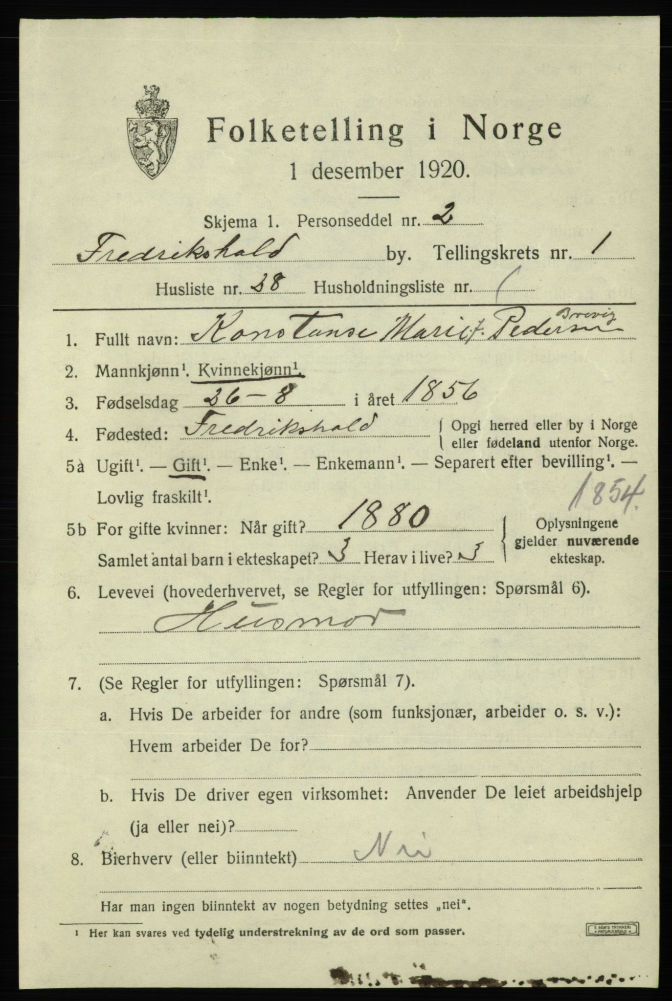 SAO, 1920 census for Fredrikshald, 1920, p. 8598