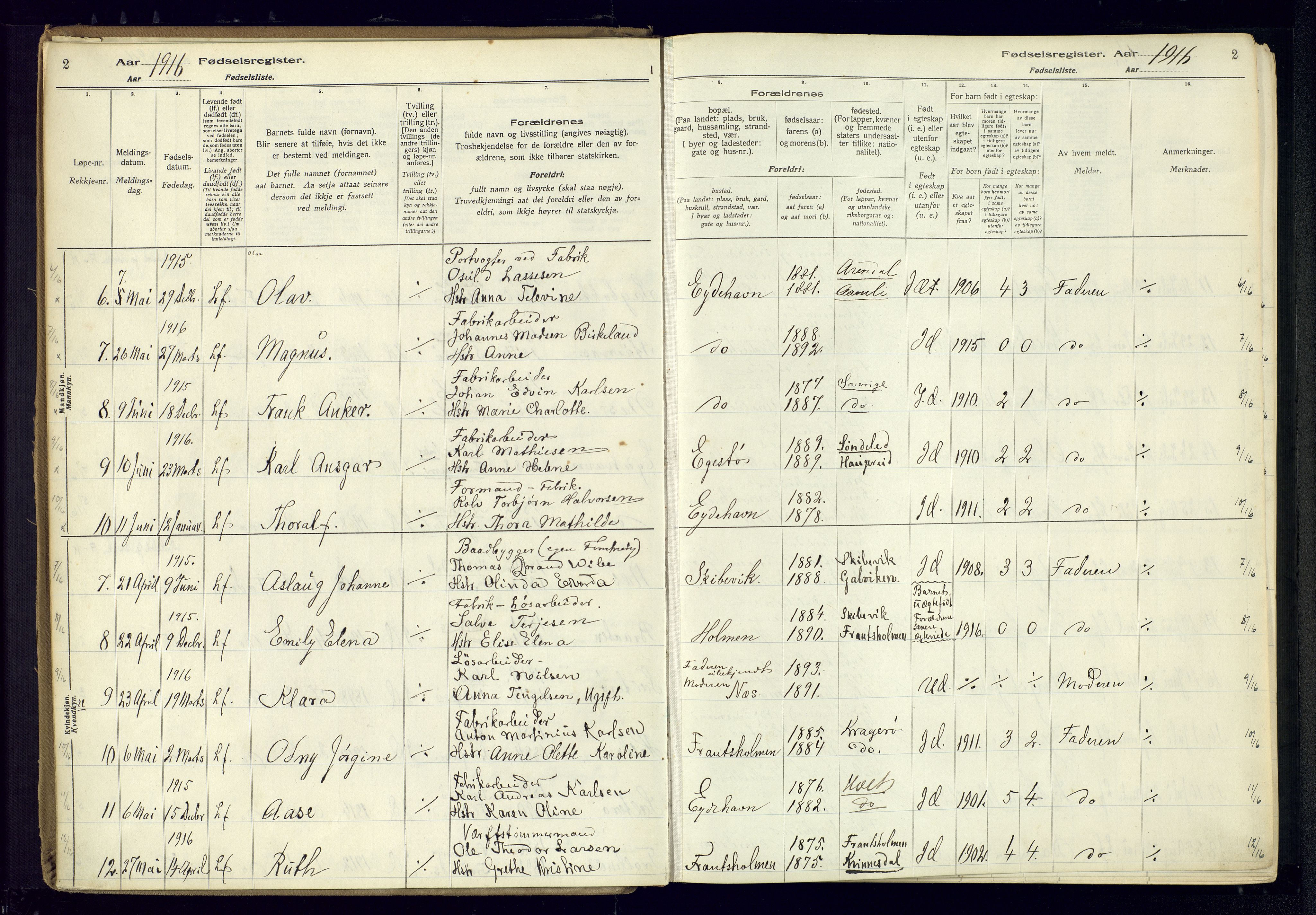 Austre Moland sokneprestkontor, AV/SAK-1111-0001/J/Ja/L0003: Birth register no. A-VI-27, 1916-1950, p. 2