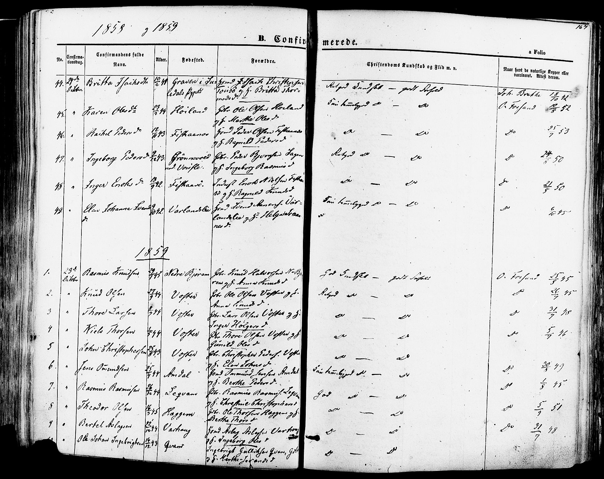 Strand sokneprestkontor, AV/SAST-A-101828/H/Ha/Haa/L0007: Parish register (official) no. A 7, 1855-1881, p. 167