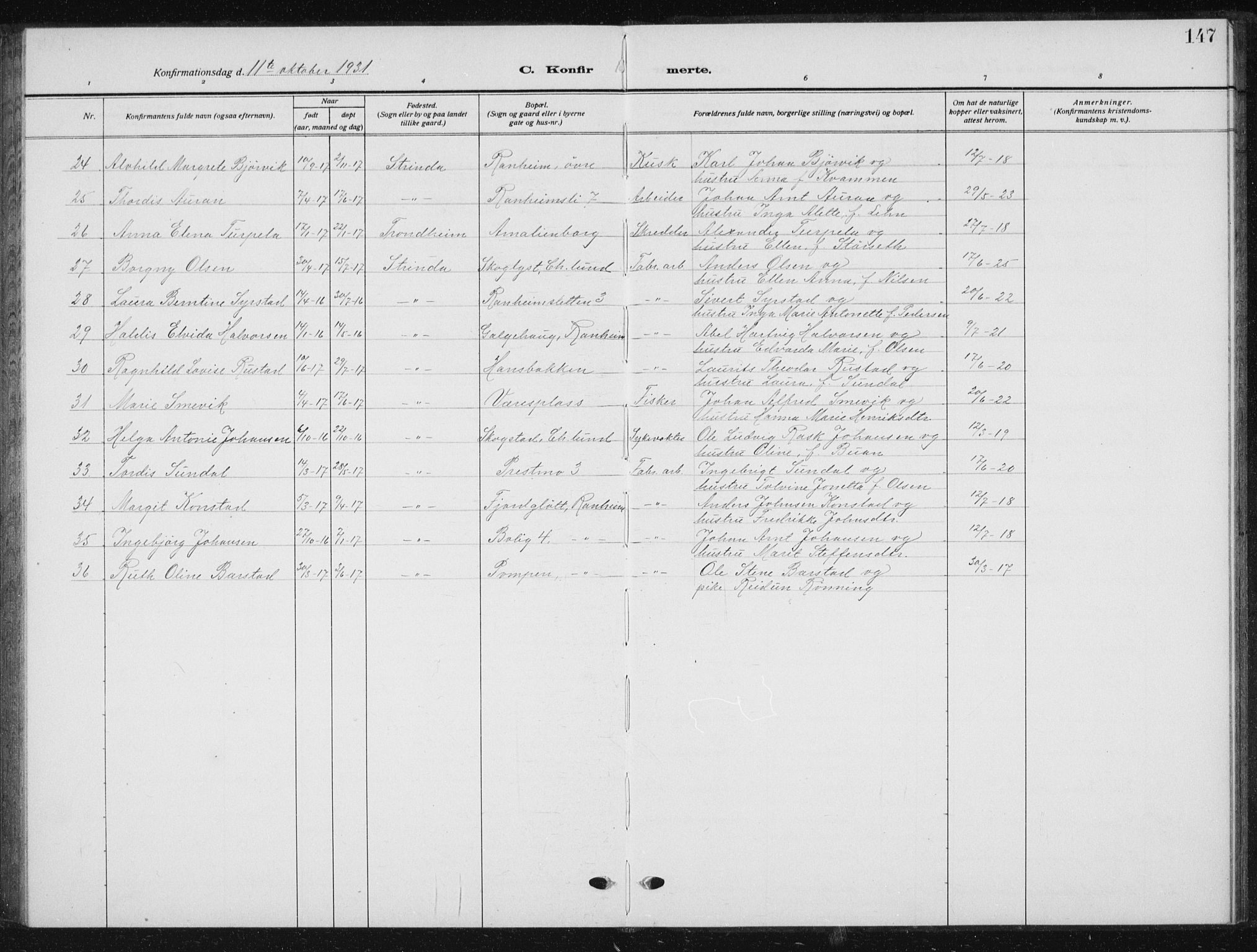 Ministerialprotokoller, klokkerbøker og fødselsregistre - Sør-Trøndelag, SAT/A-1456/615/L0401: Parish register (copy) no. 615C02, 1922-1941, p. 147