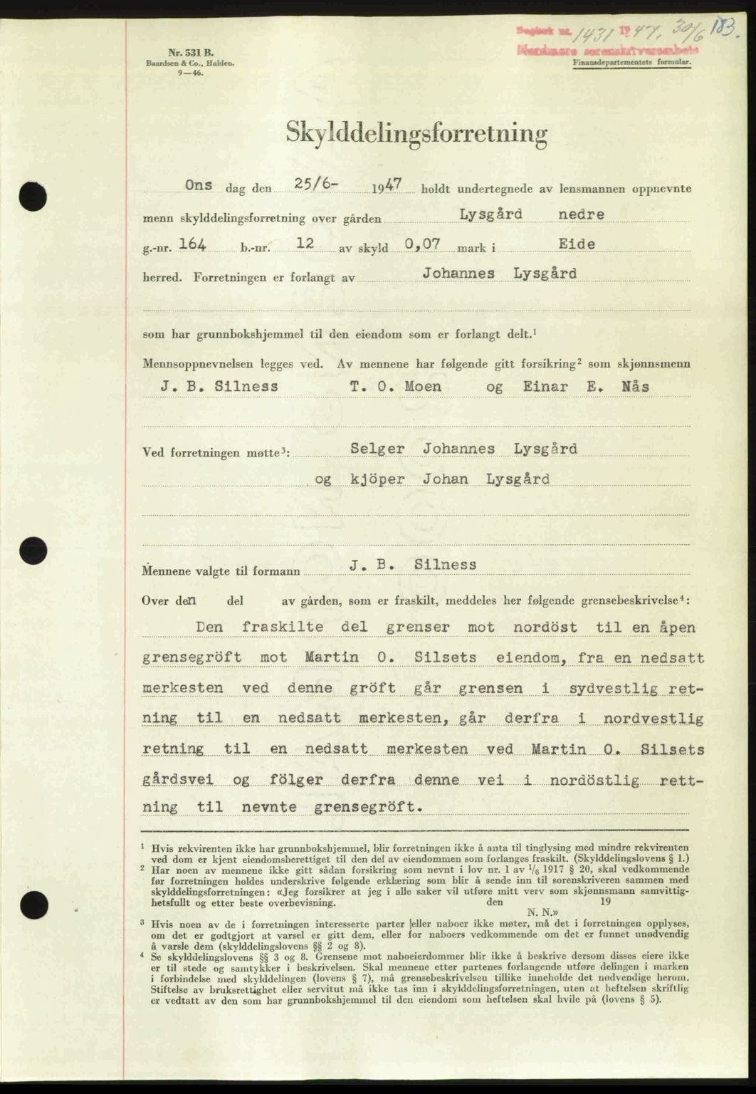 Nordmøre sorenskriveri, AV/SAT-A-4132/1/2/2Ca: Mortgage book no. A105, 1947-1947, Diary no: : 1431/1947