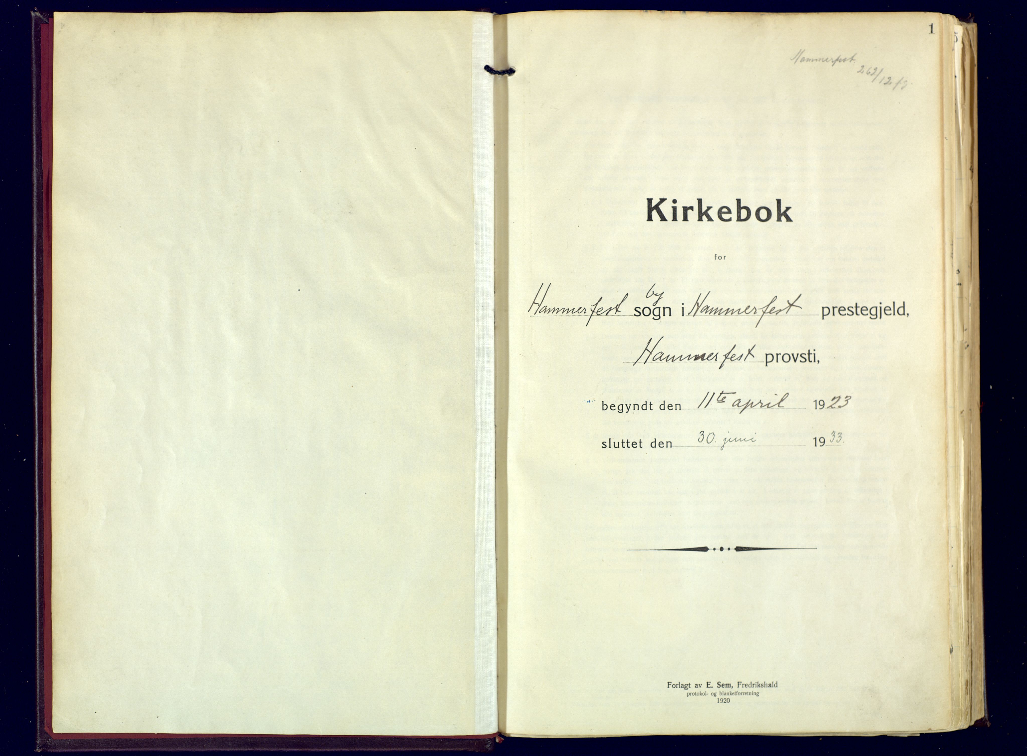 Hammerfest sokneprestkontor, SATØ/S-1347: Parish register (official) no. 17, 1923-1933, p. 1