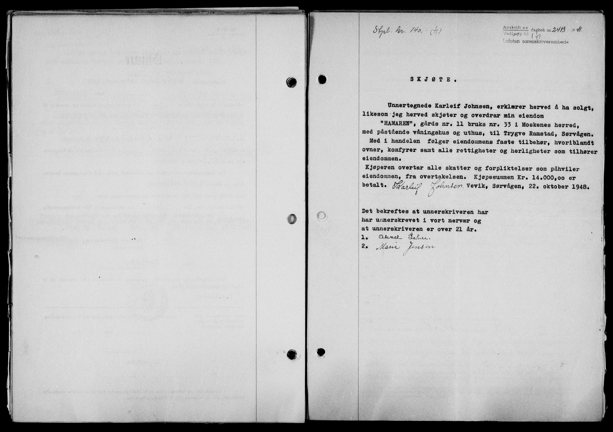 Lofoten sorenskriveri, SAT/A-0017/1/2/2C/L0019a: Mortgage book no. 19a, 1948-1948, Diary no: : 2483/1948