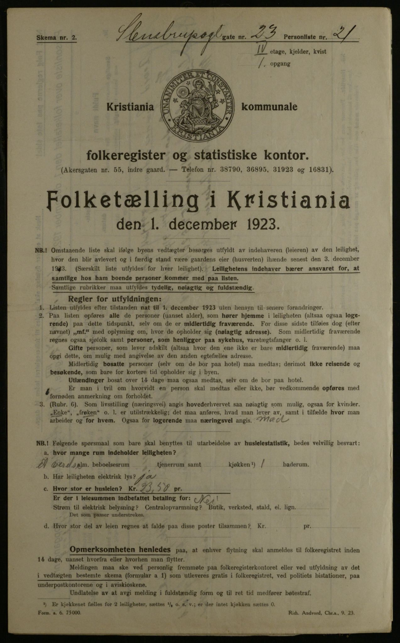 OBA, Municipal Census 1923 for Kristiania, 1923, p. 112003