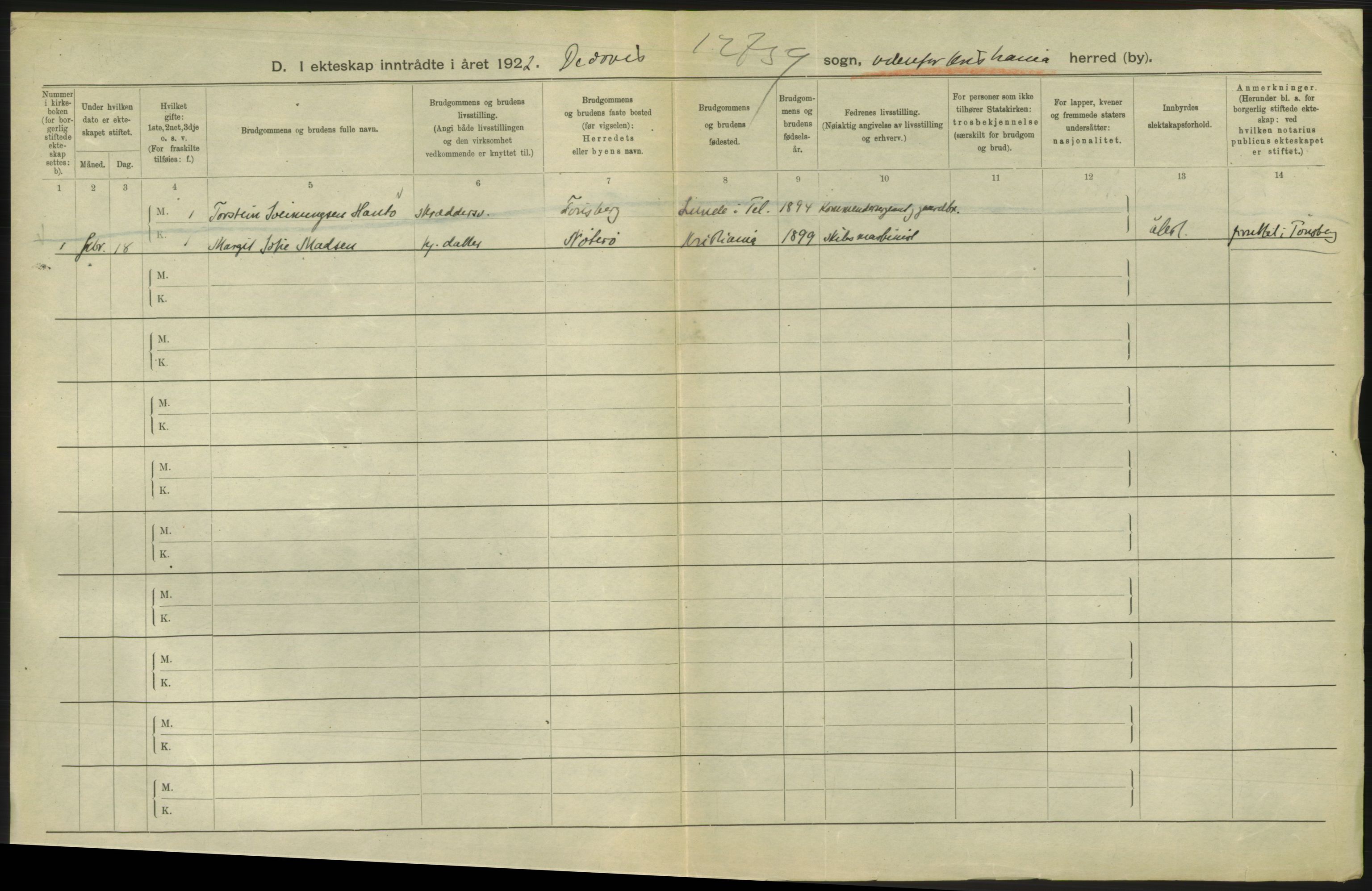 Statistisk sentralbyrå, Sosiodemografiske emner, Befolkning, AV/RA-S-2228/D/Df/Dfc/Dfcb/L0008: Kristiania: Gifte, 1922, p. 4