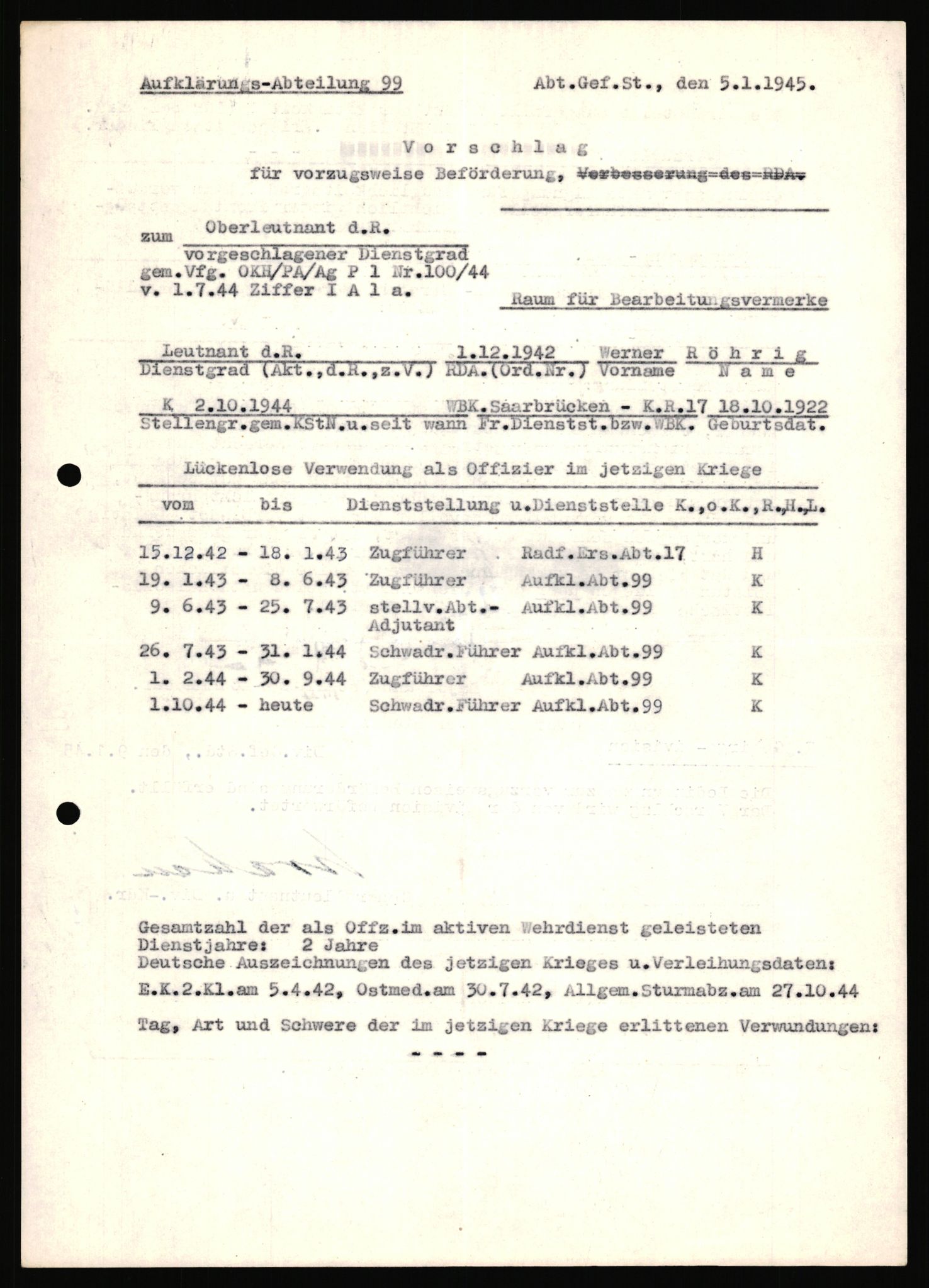 Forsvarets Overkommando. 2 kontor. Arkiv 11.4. Spredte tyske arkivsaker, AV/RA-RAFA-7031/D/Dar/Dara/L0019: Personalbøker og diverse, 1940-1945, p. 118