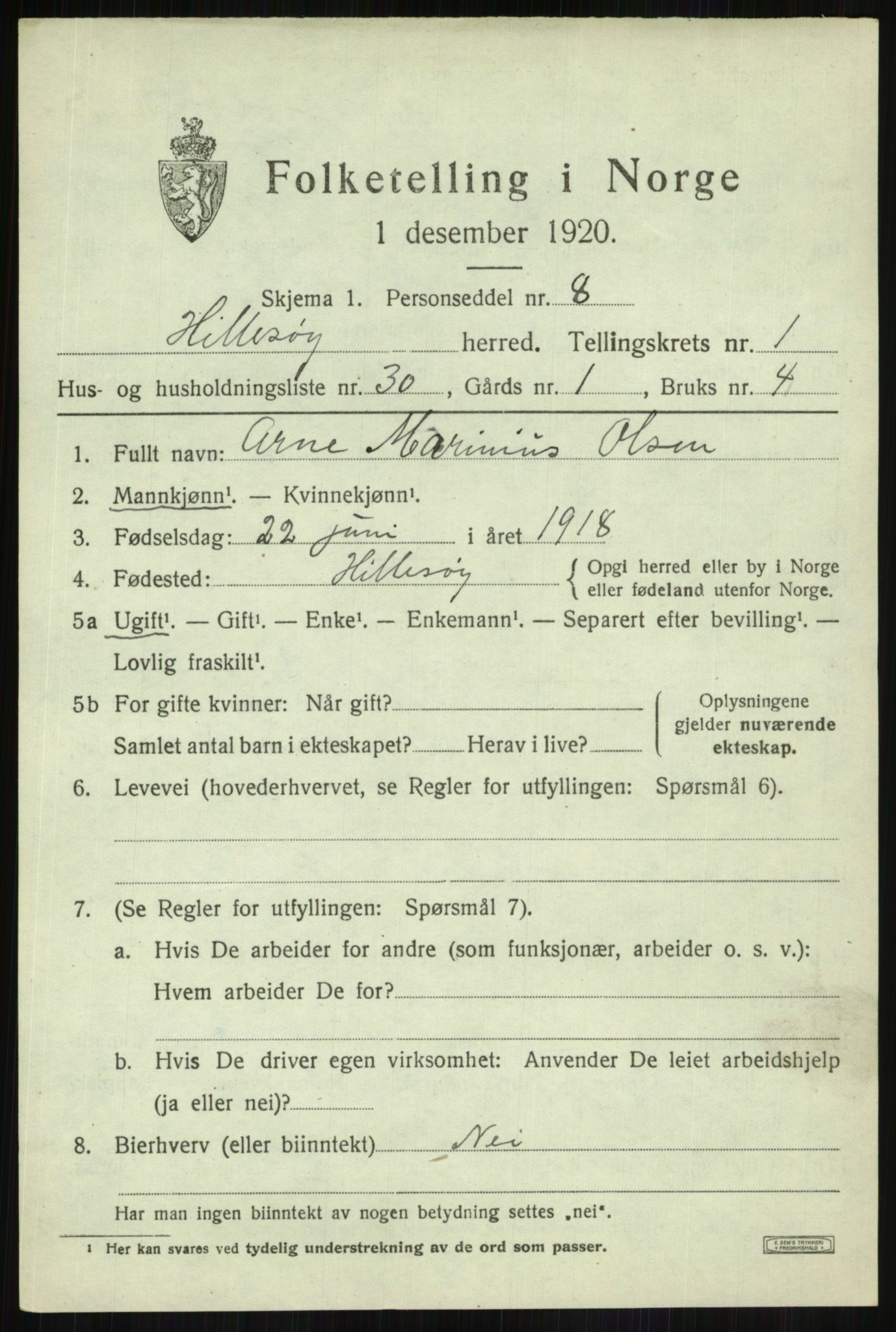 SATØ, 1920 census for Hillesøy, 1920, p. 1081