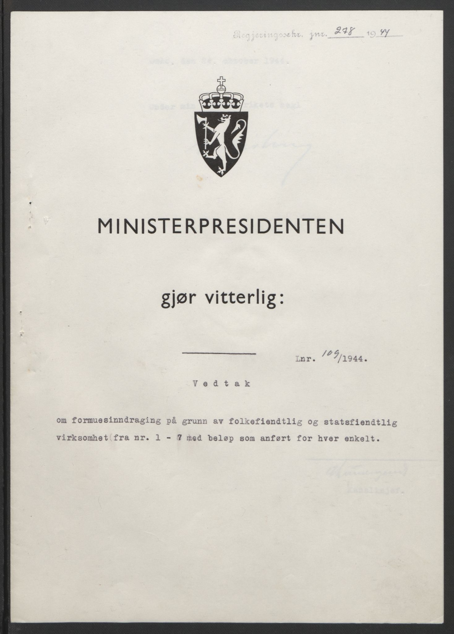 NS-administrasjonen 1940-1945 (Statsrådsekretariatet, de kommisariske statsråder mm), AV/RA-S-4279/D/Db/L0111/0003: Saker fra krigsårene / Journal, 1940-1945, p. 341