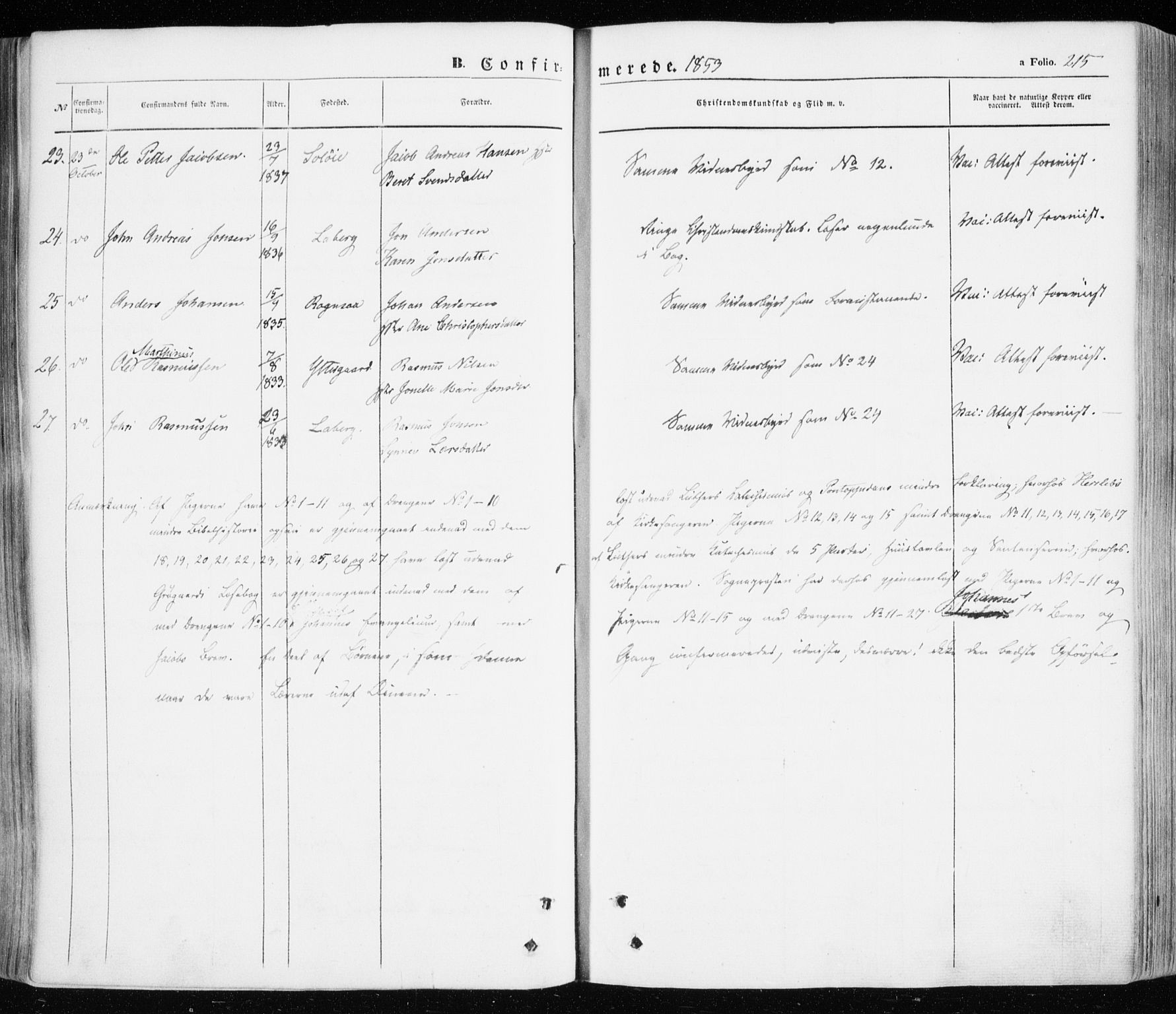 Ibestad sokneprestembete, SATØ/S-0077/H/Ha/Haa/L0008kirke: Parish register (official) no. 8, 1850-1859, p. 215