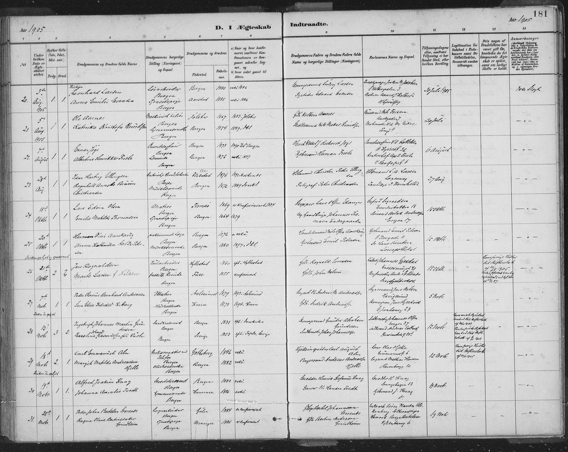 Domkirken sokneprestembete, SAB/A-74801/H/Hab/L0032: Parish register (copy) no. D 4, 1880-1907, p. 181