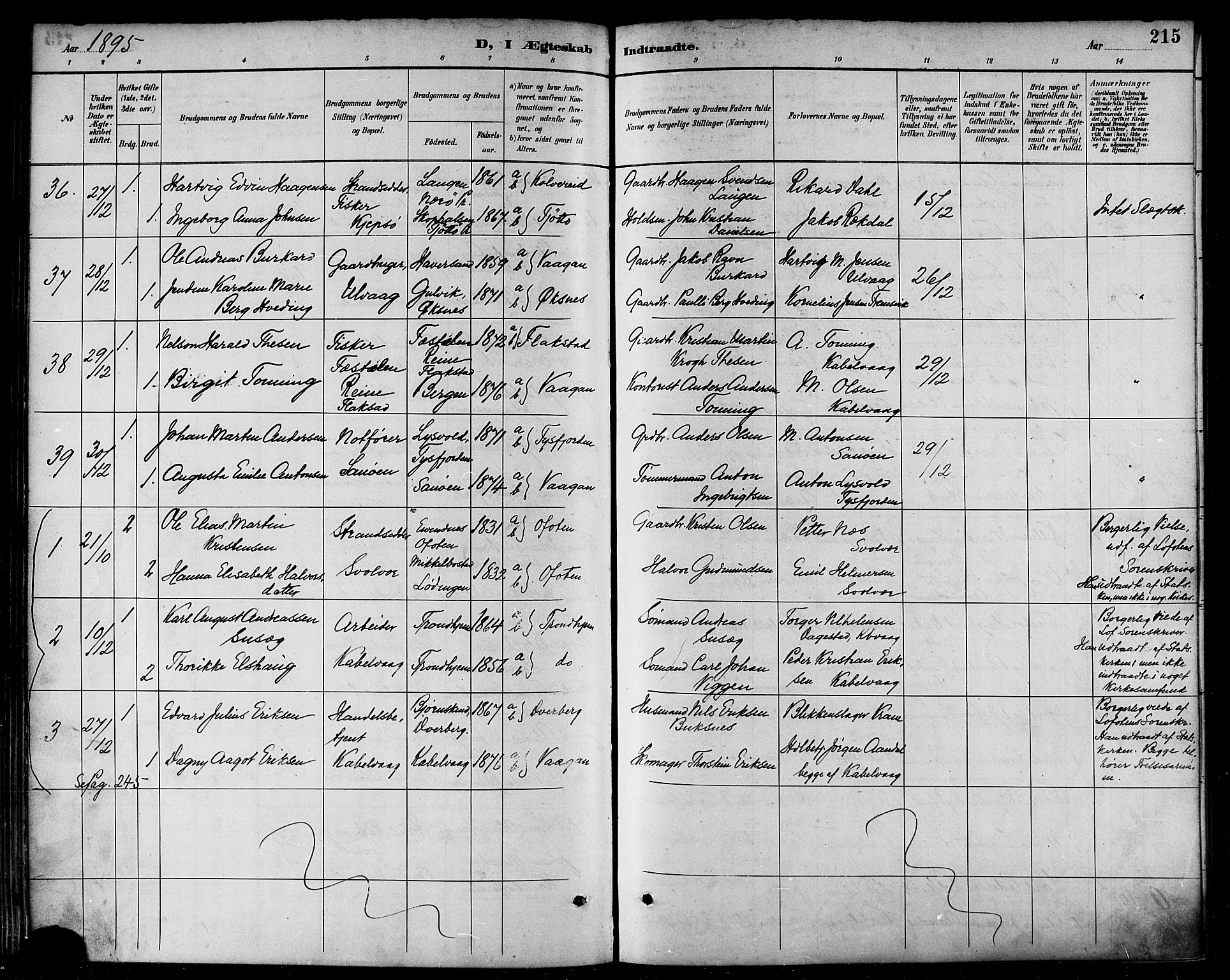 Ministerialprotokoller, klokkerbøker og fødselsregistre - Nordland, AV/SAT-A-1459/874/L1060: Parish register (official) no. 874A04, 1890-1899, p. 215