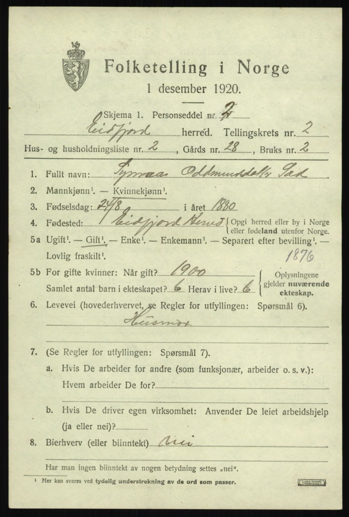 SAB, 1920 census for Eidfjord, 1920, p. 746