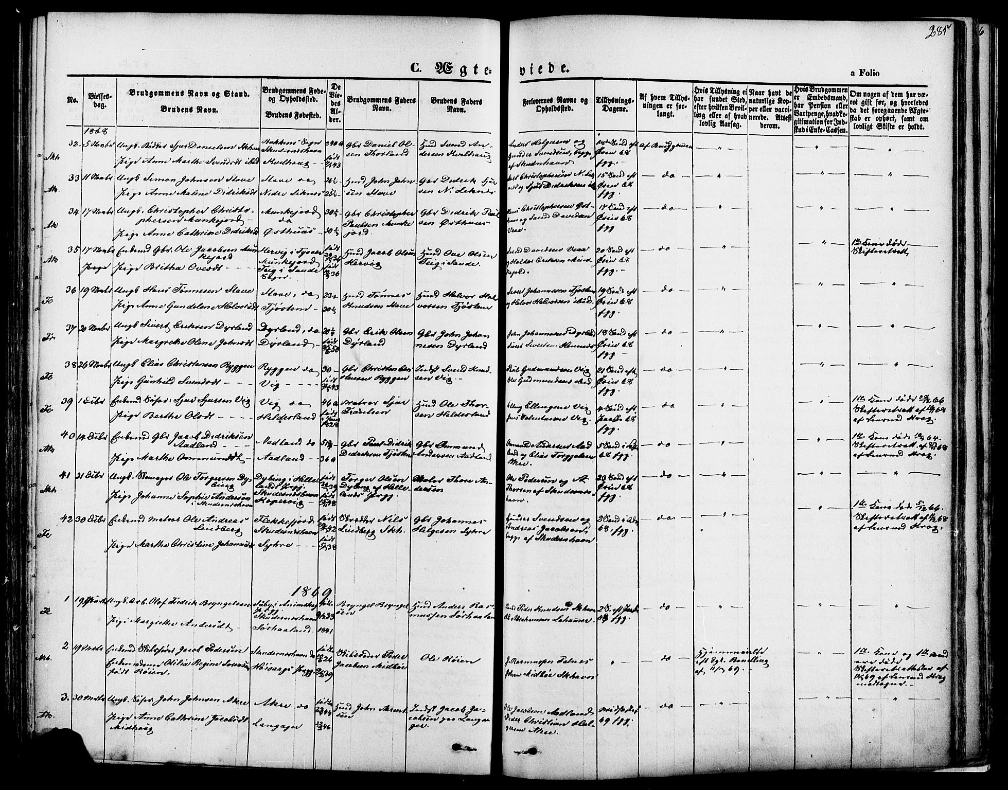 Skudenes sokneprestkontor, SAST/A -101849/H/Ha/Haa/L0006: Parish register (official) no. A 4, 1864-1881, p. 285