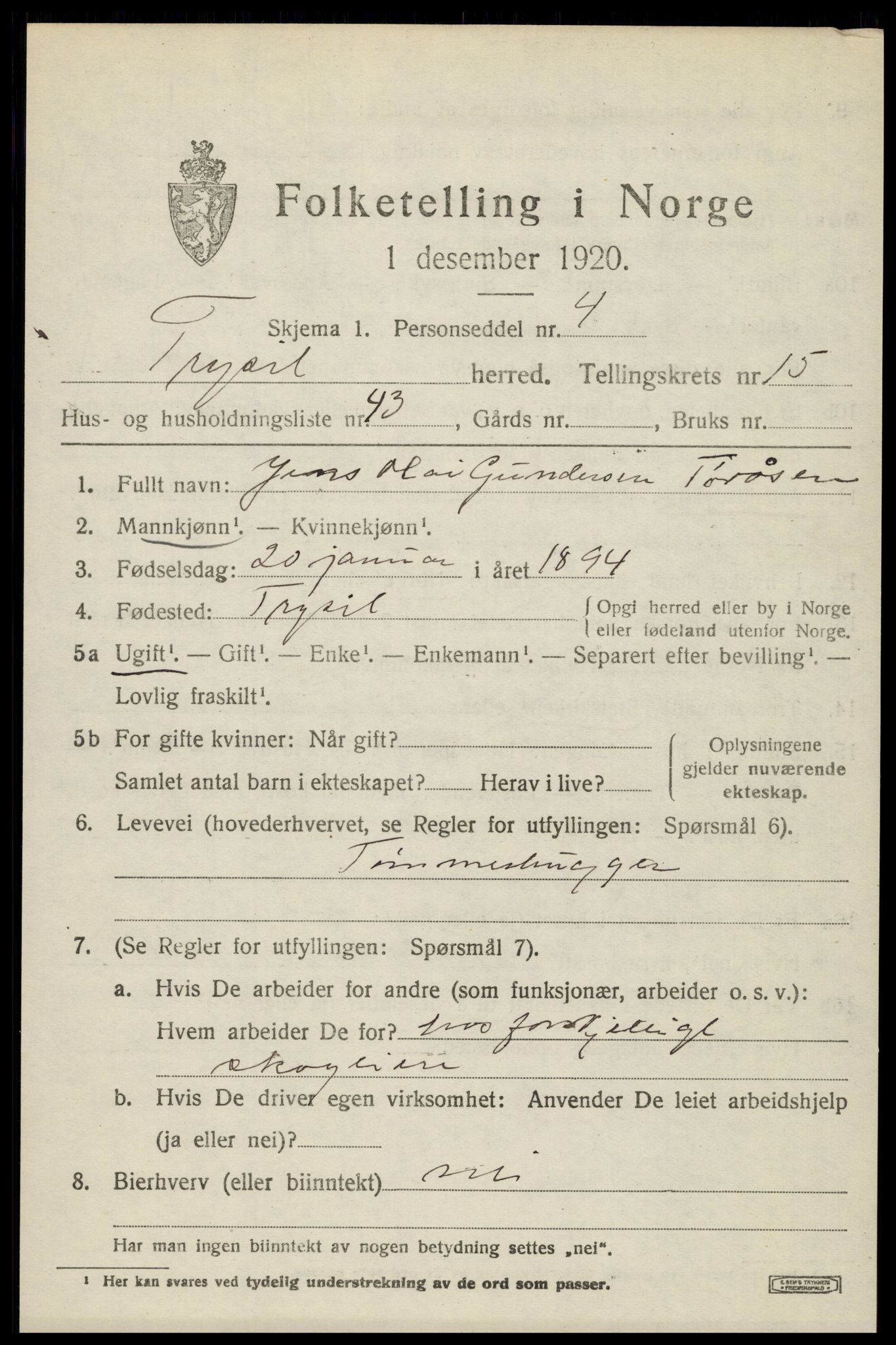 SAH, 1920 census for Trysil, 1920, p. 9413